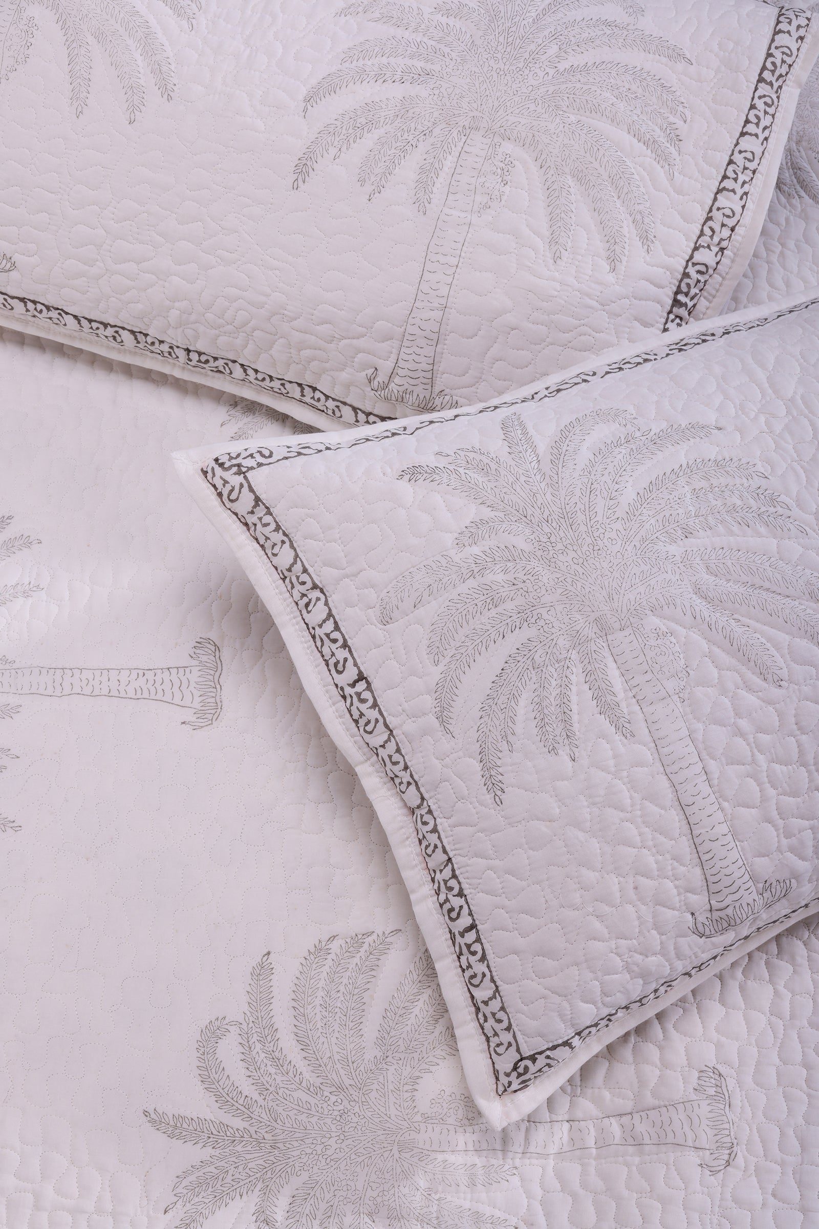 Anoob Palm Tree Hand Block Printed Grey Quilted Cotton Bedcover - shahenazindia