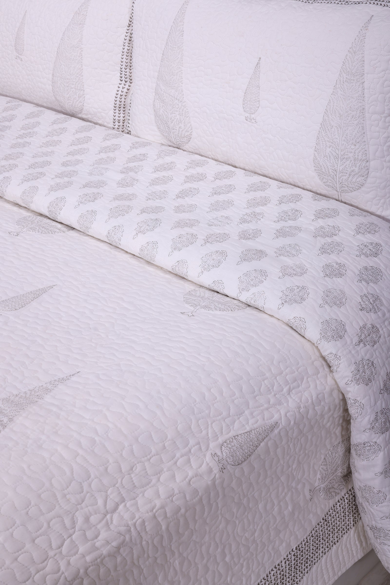 Neomi Cypruss Hand Block Printed Grey Cotton Bedcover - shahenazindia