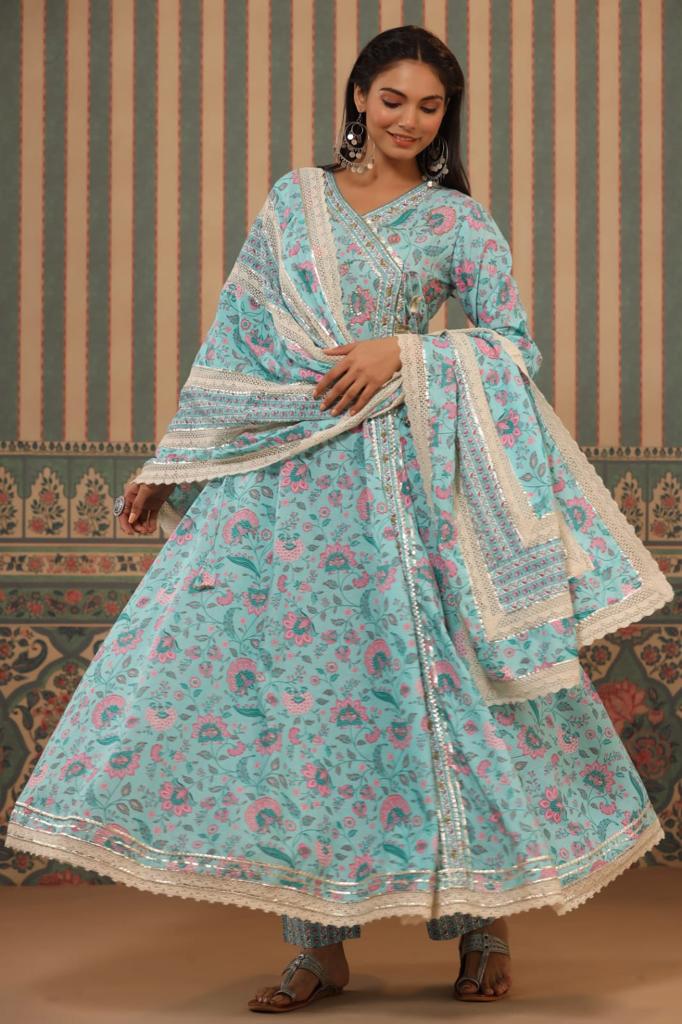 Nayab Mishti Sky Blue Floral Angrakha Kurta Set With Dupatta - shahenazindia