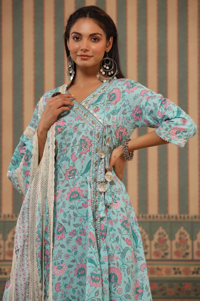 Nayab Mishti Sky Blue Floral Angrakha Kurta Set With Dupatta - shahenazindia