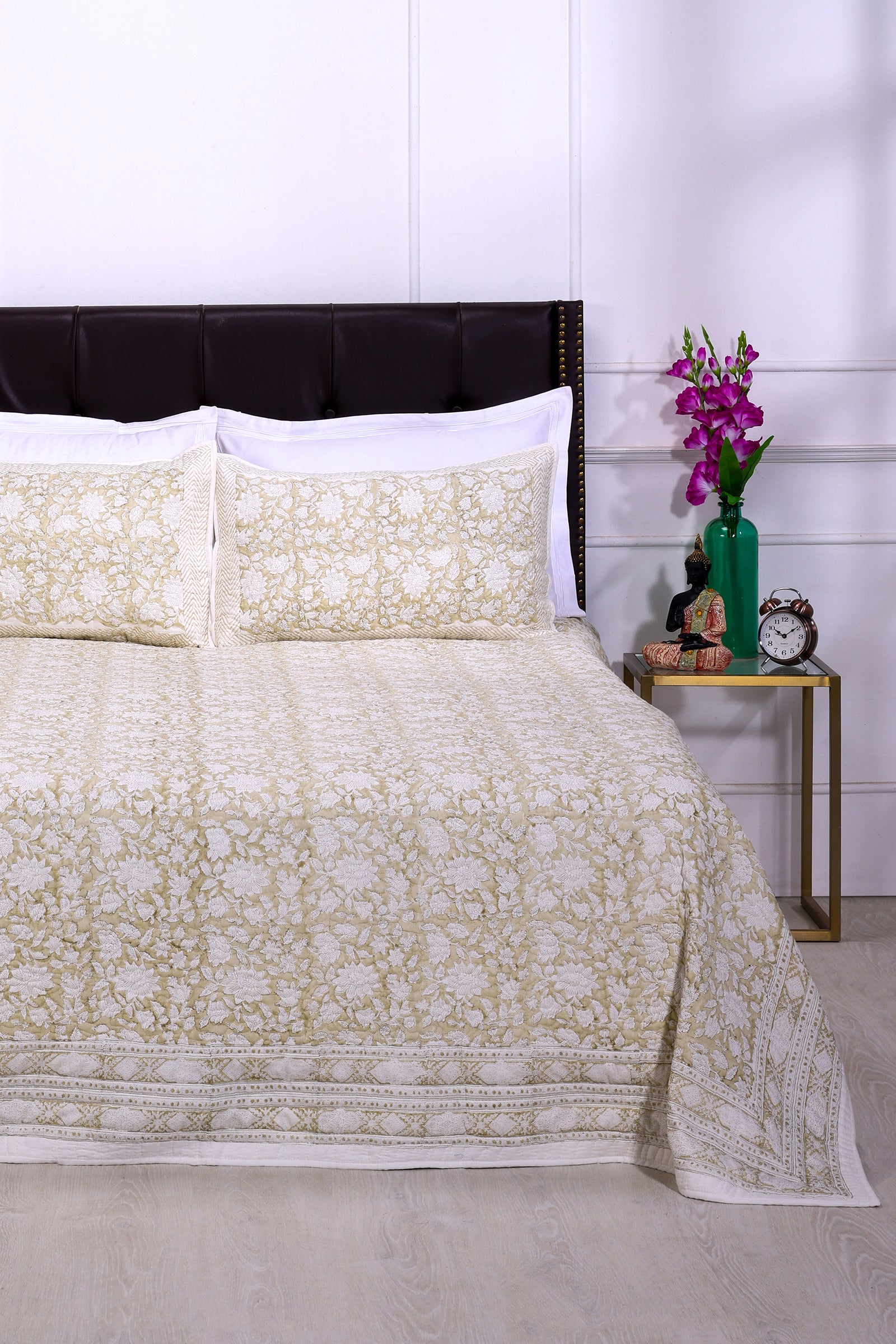 Poonam Bagh Block Printed Cotton Quilted Beige Bedcover - shahenazindia