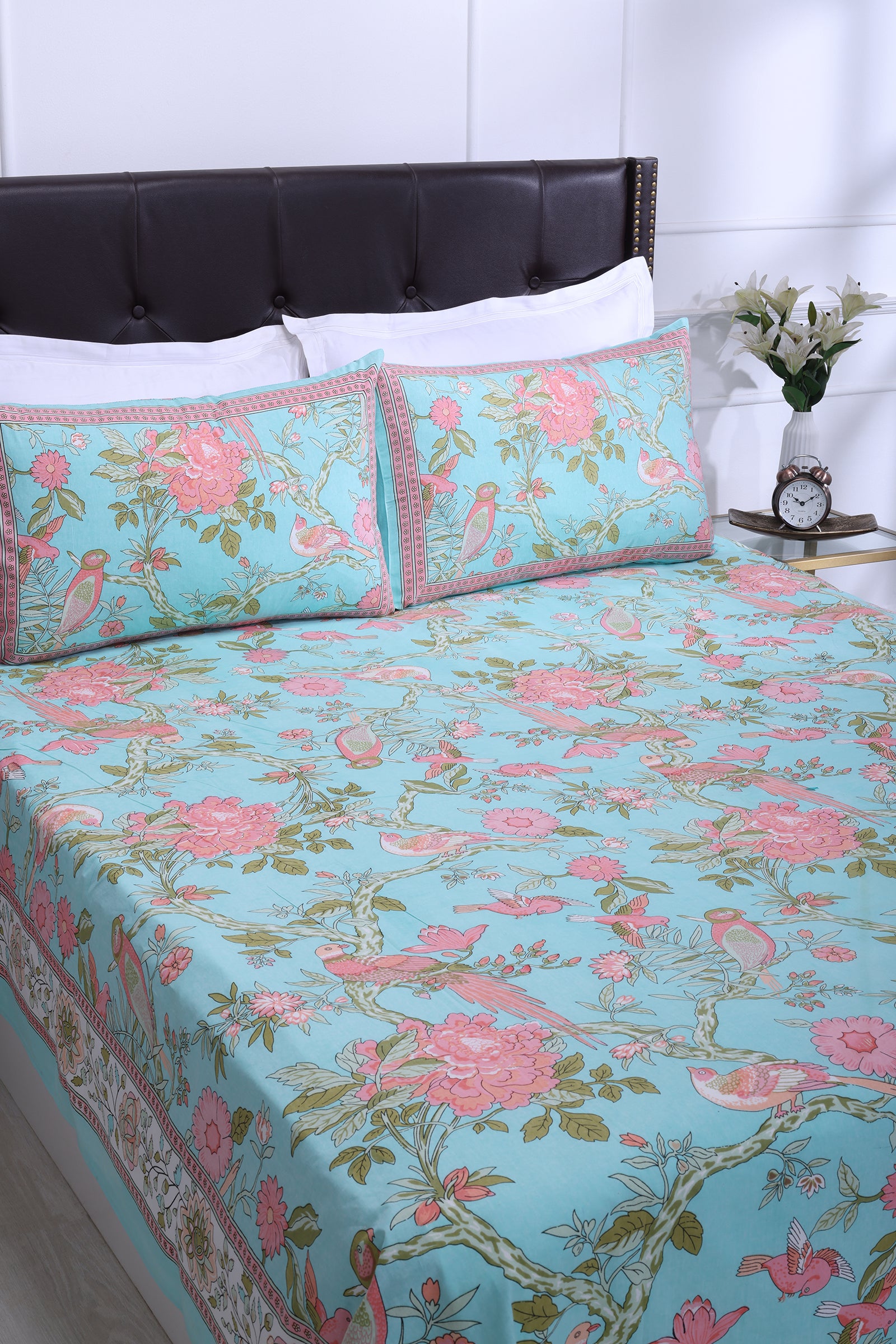 Rama Paisley Turquoise Cotton Bedsheet - shahenazindia