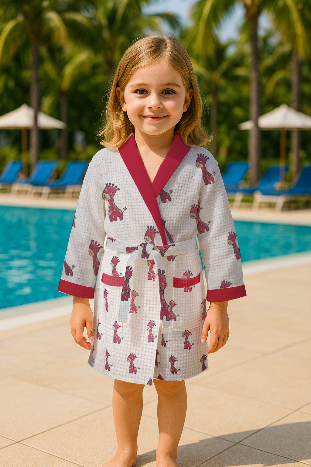 Baby Giraffe Red Cotton Waffle Weave Bathrobe