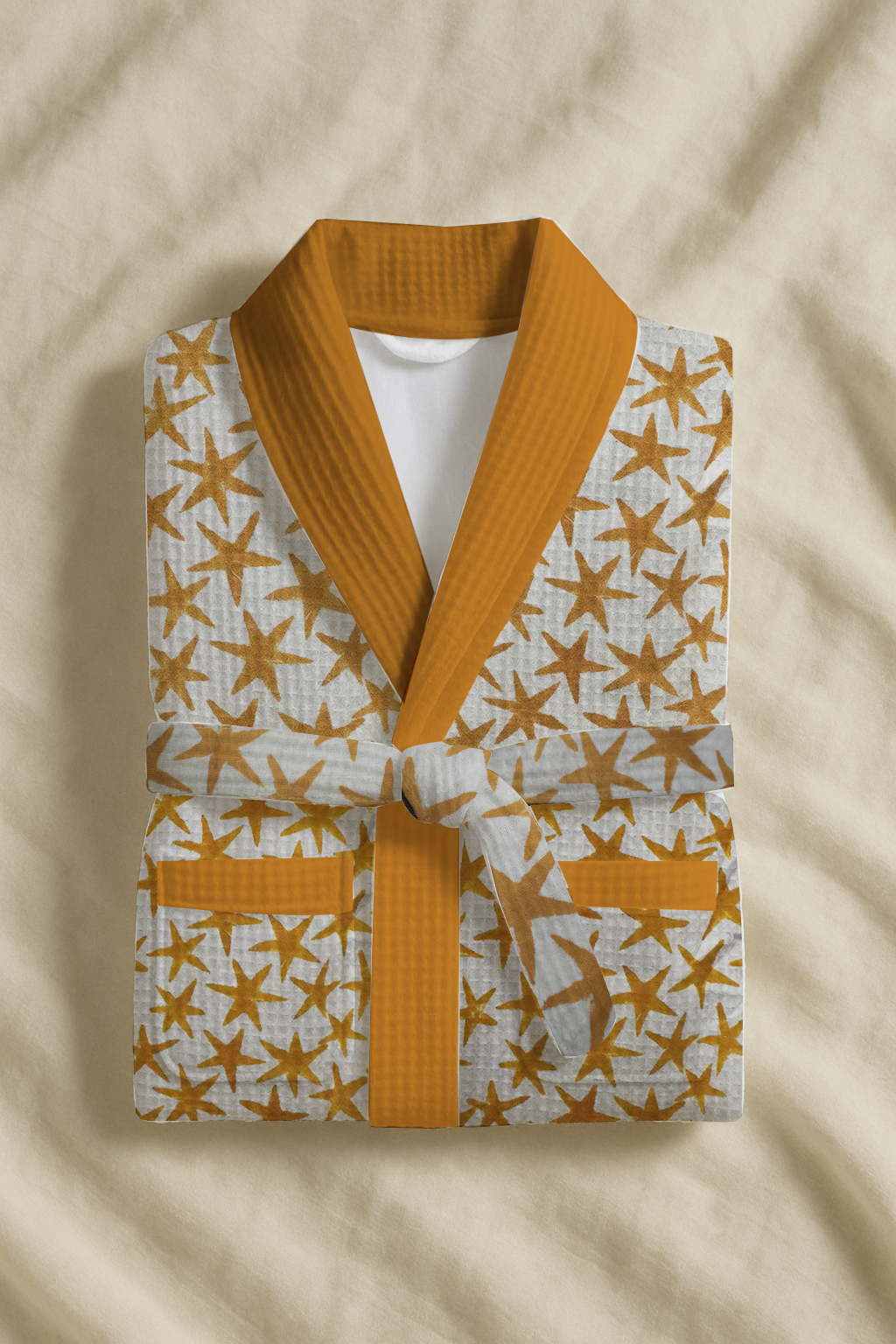Baby Star Mustard Cotton Waffle Weave Bathrobe