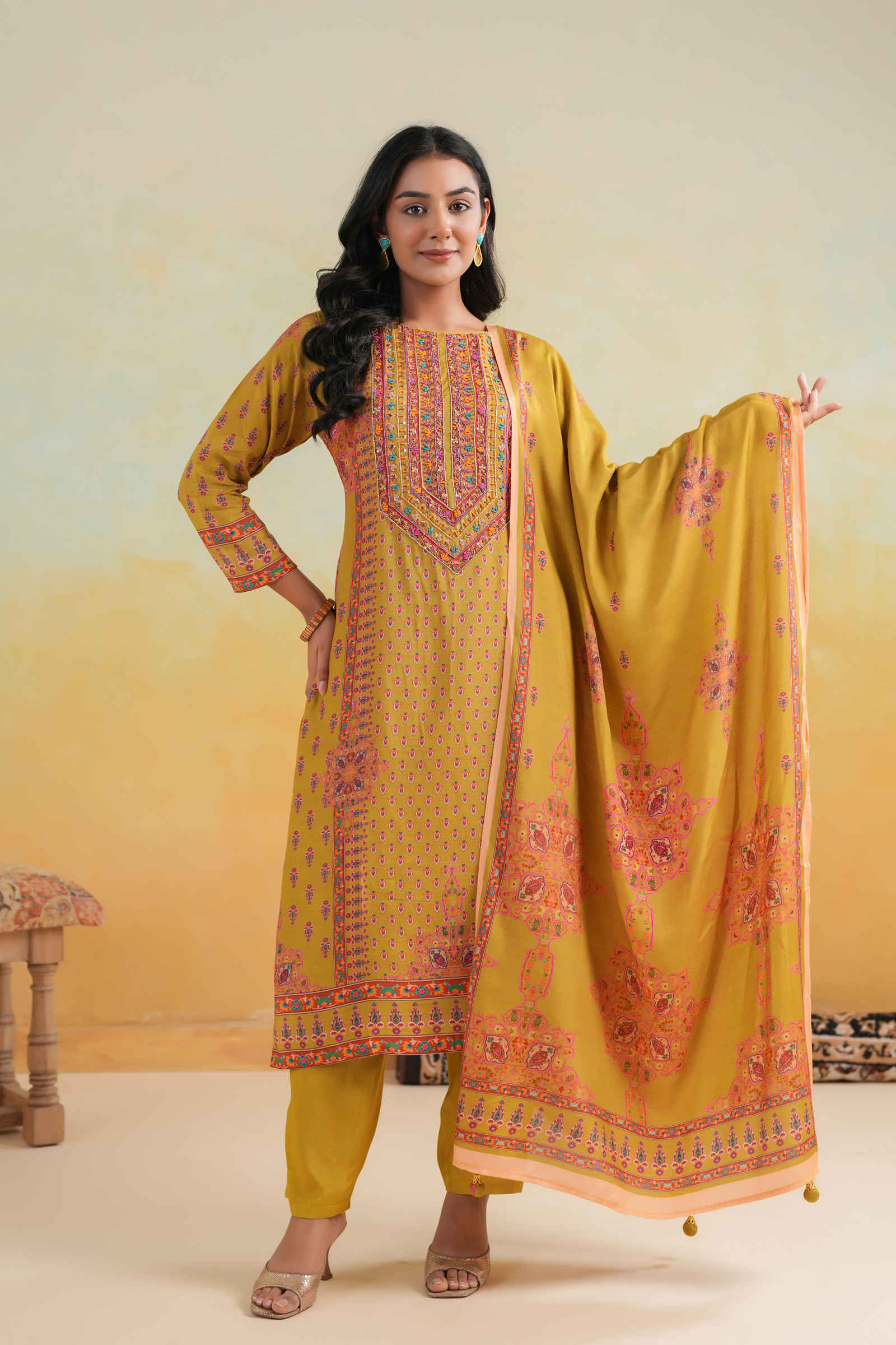 Kavish Ameerah-e-Ember Mustard Kurta Pant and Dupatta Set