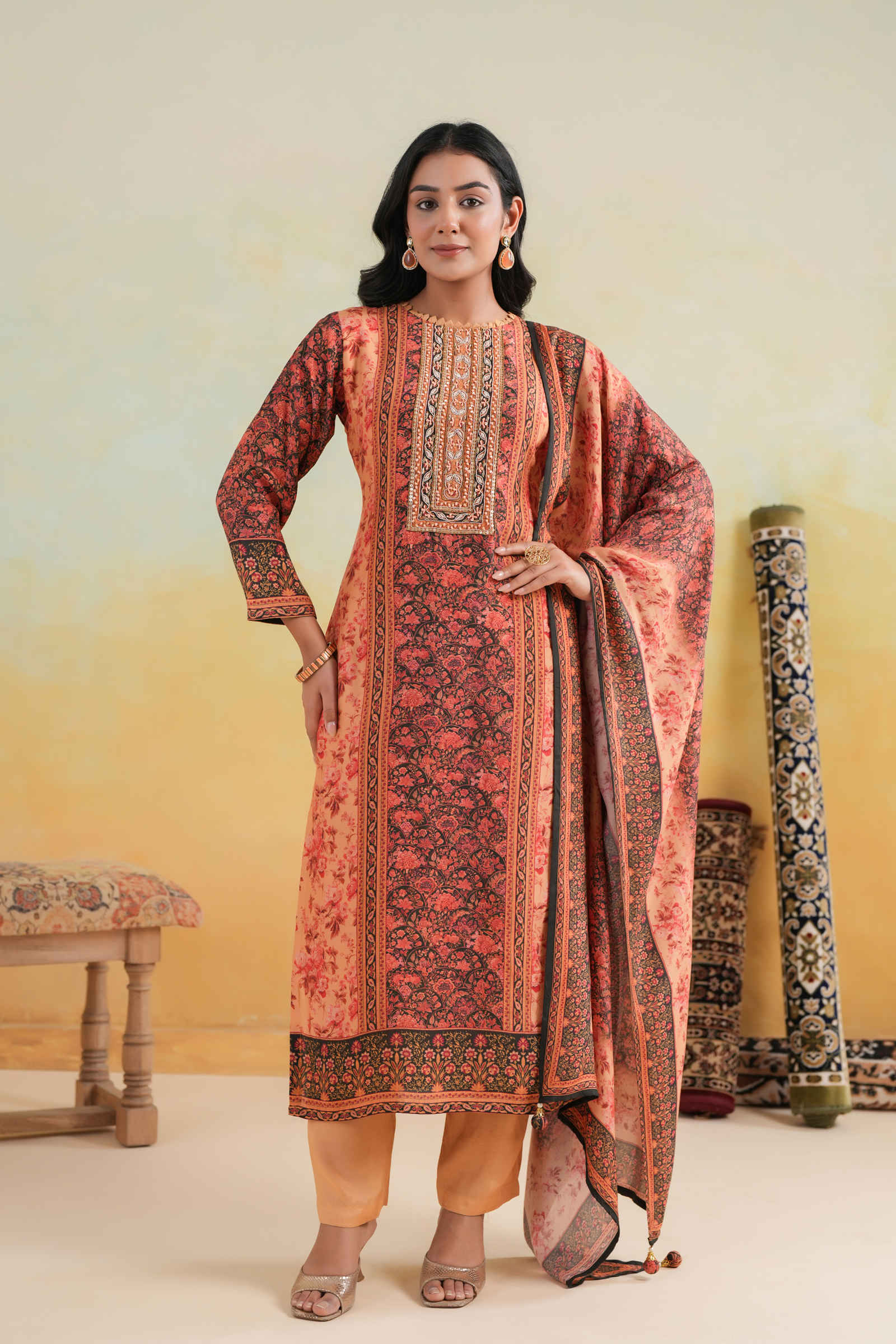 Kavish Noor-e-Gulab Maroon Kurta Pant and Dupatta Set