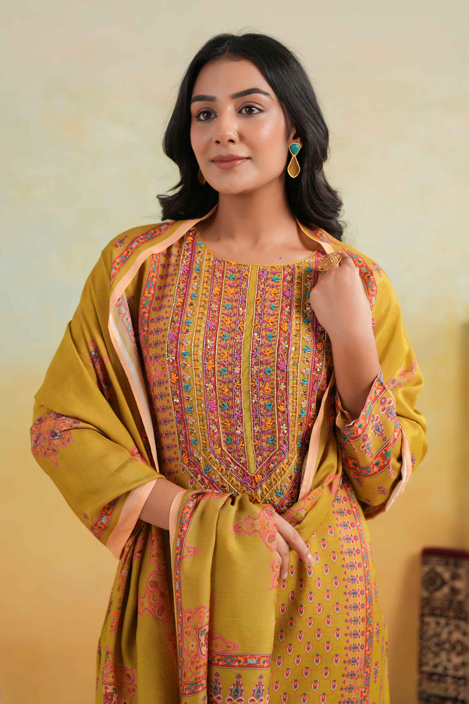 Kavish Ameerah-e-Ember Mustard Kurta Pant and Dupatta Set