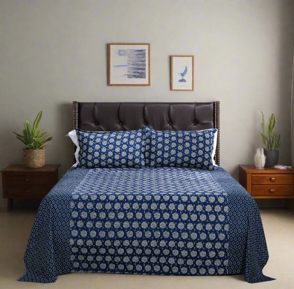 3 Indigo Ikkat Cotton Bedsheet