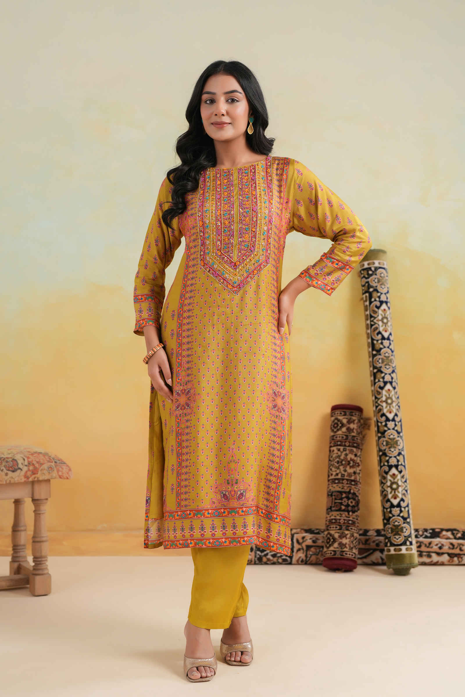 Kavish Ameerah-e-Ember Mustard Kurta Pant and Dupatta Set