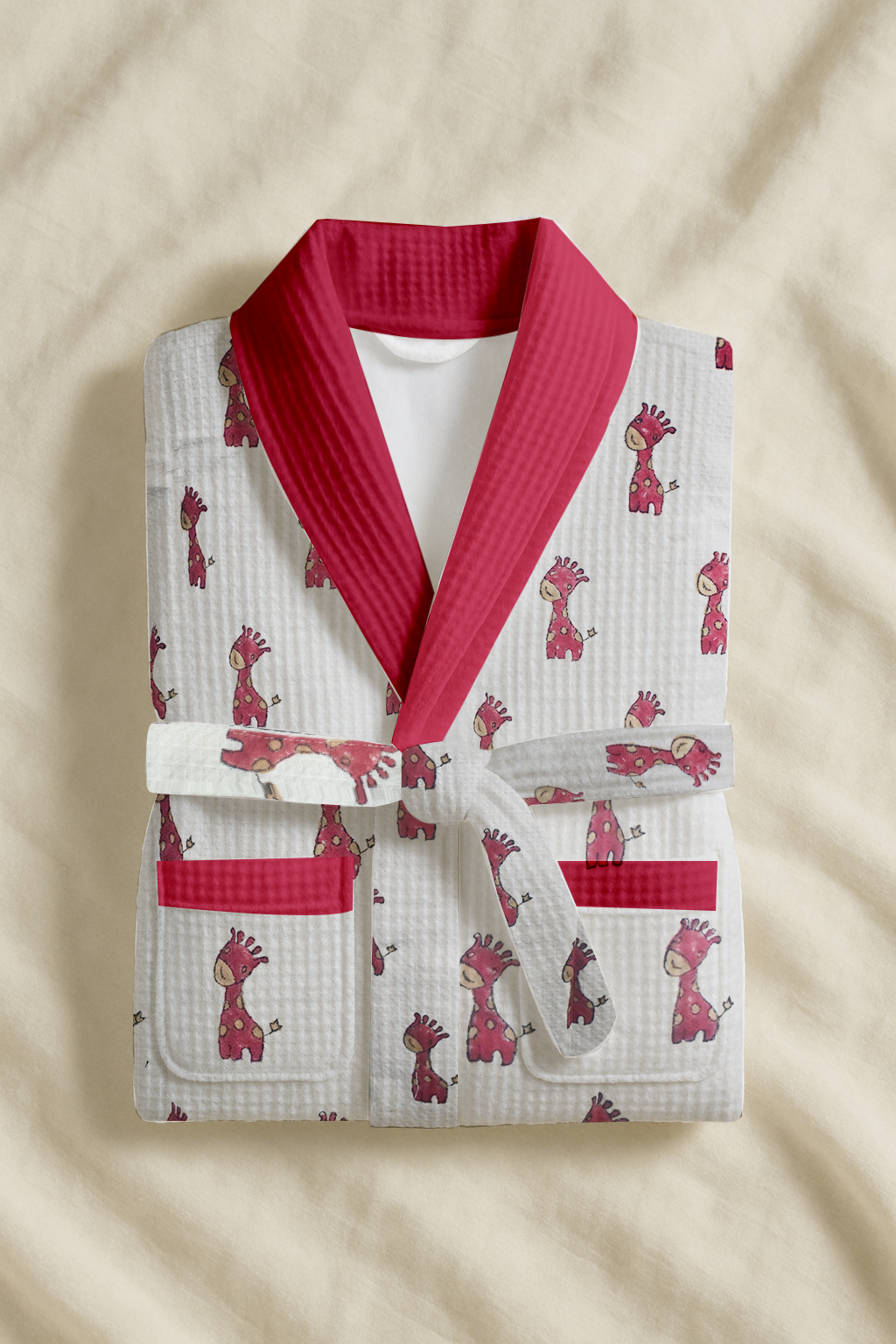 Baby Giraffe Red Cotton Waffle Weave Bathrobe