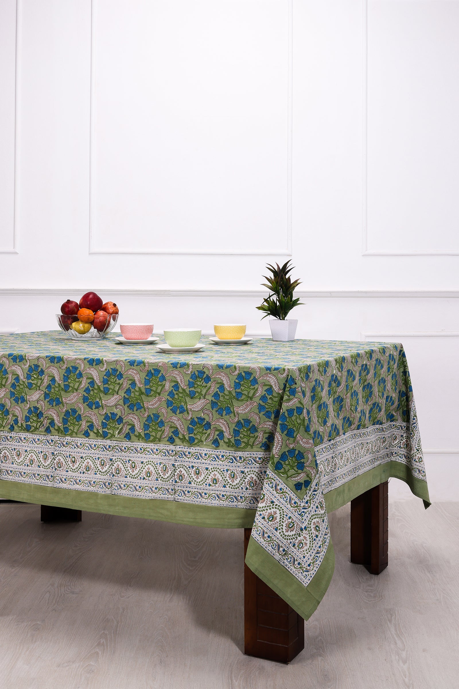 Akshara Butter Cup Bloom Block Printed Blue Cotton Table Cover - shahenazindia