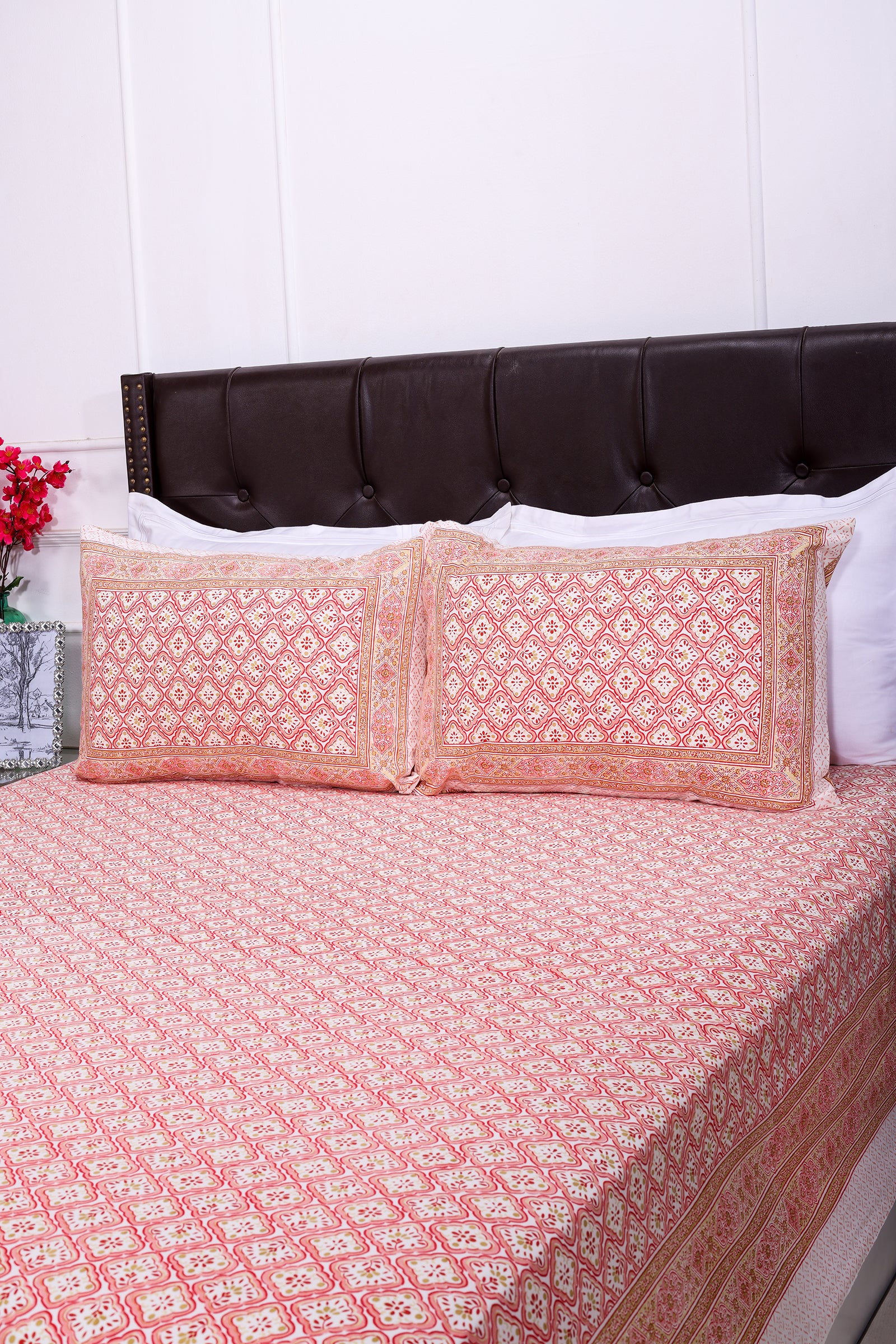 "Baby pink double-sized cotton bedsheet with a delicate Alice Checks pattern. Dimensions: 90x108 inches. Designated as Shahenaz_BS0200PL298-1."