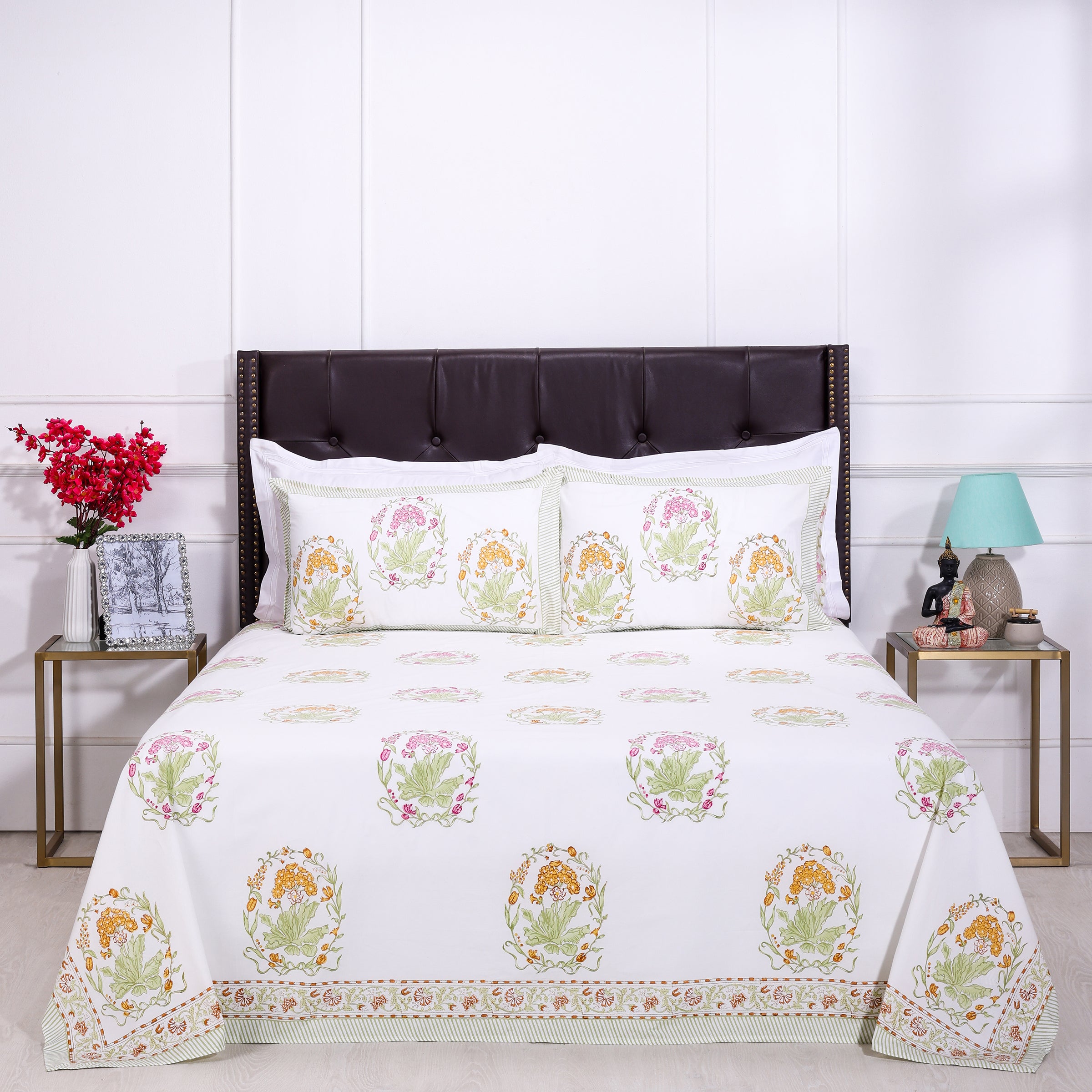 Angarika Phool Mustard Cotton Percale Bedsheet - shahenazindia