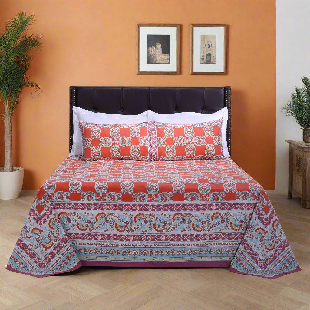 Azia Floral Orange Cotton Bedsheet - shahenazindia