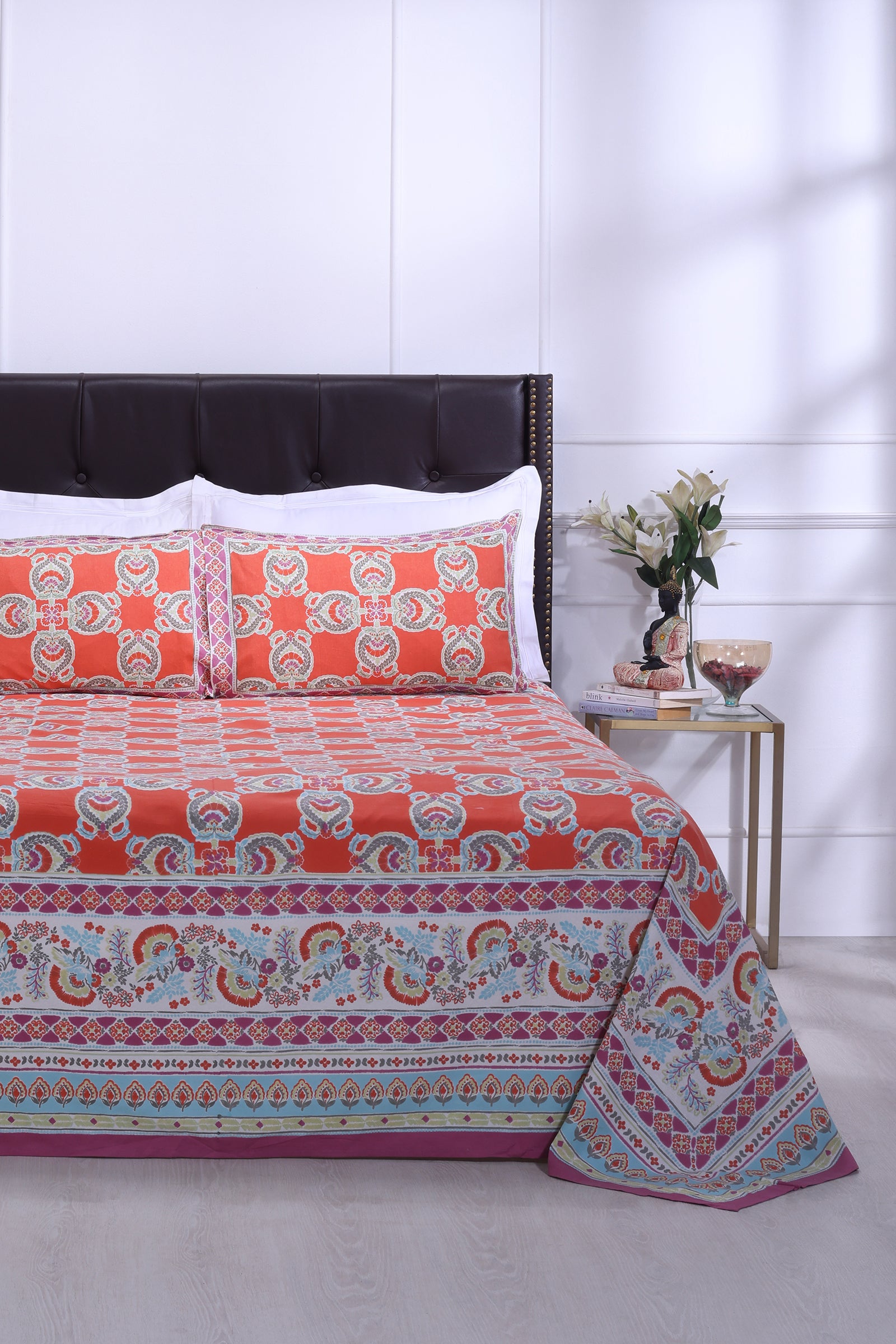 Azia Floral Orange Cotton Bedsheet - shahenazindia