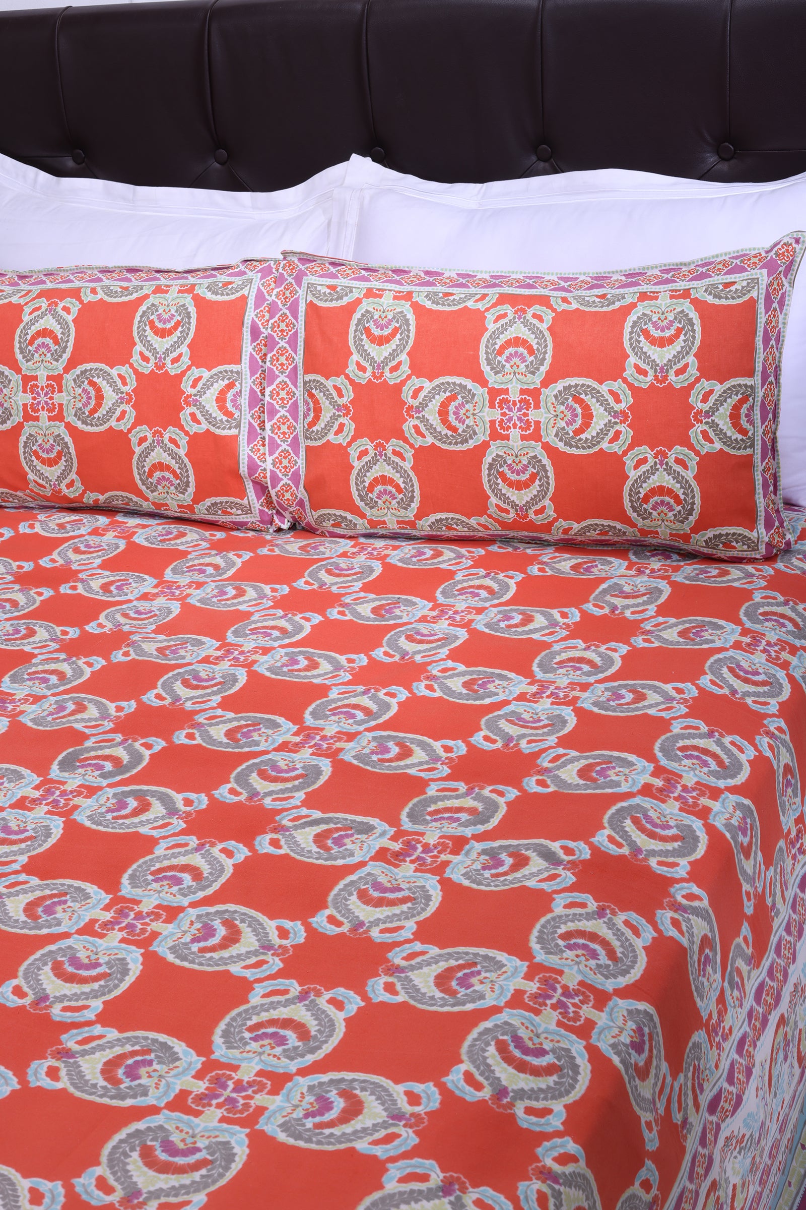 Azia Floral Orange Cotton Bedsheet - shahenazindia