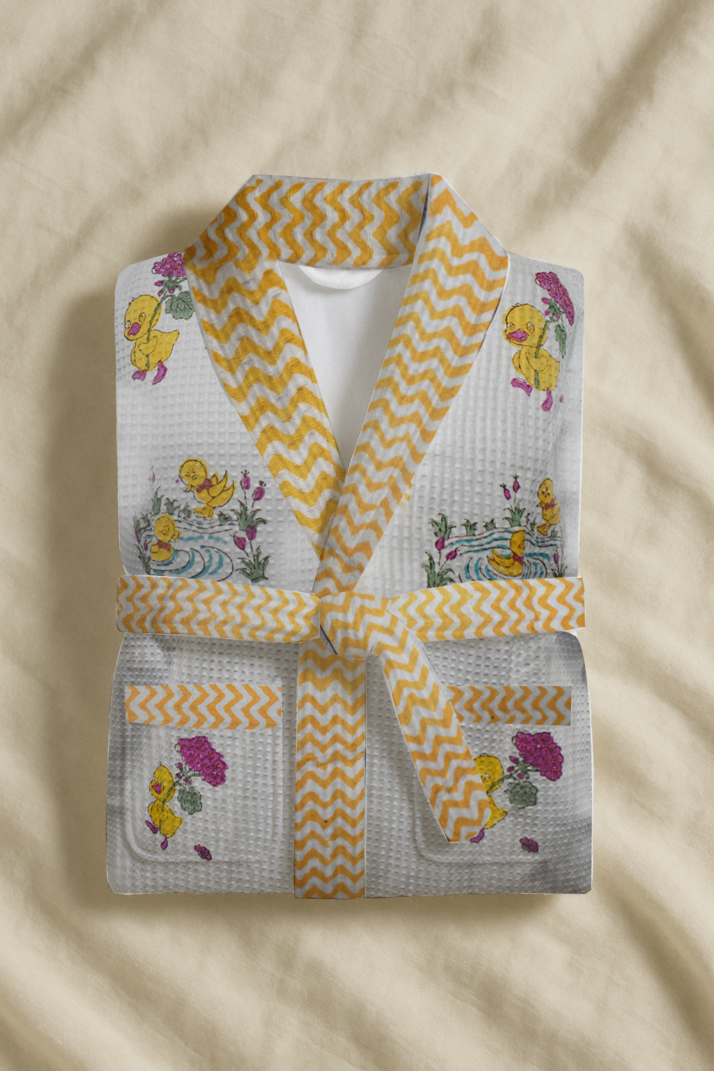 Baby Ducklings Yellow Cotton Waffle Weave Bathrobe
