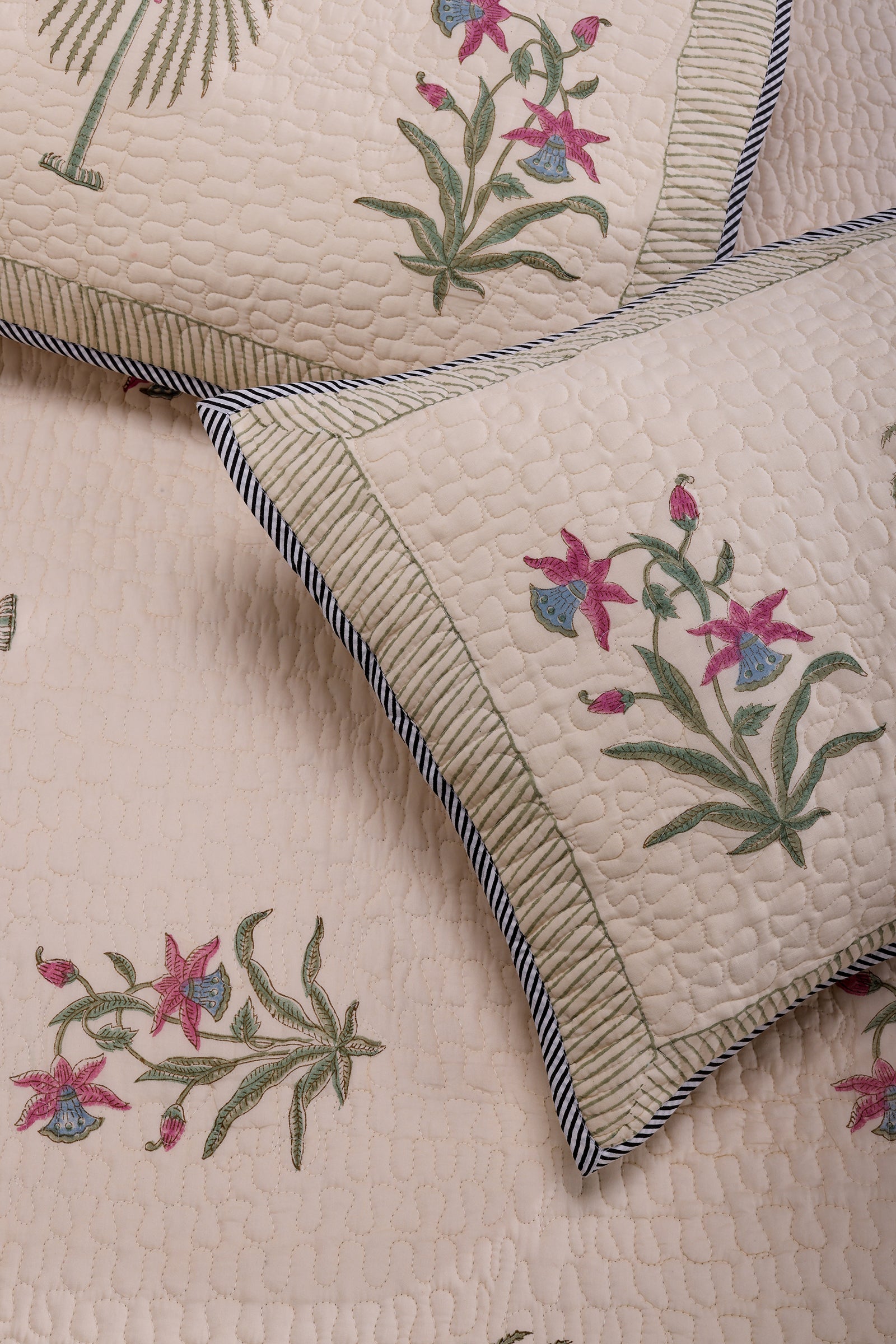 Kashmiri Floral Block Printed Beige Cotton Bedcover - shahenazindia