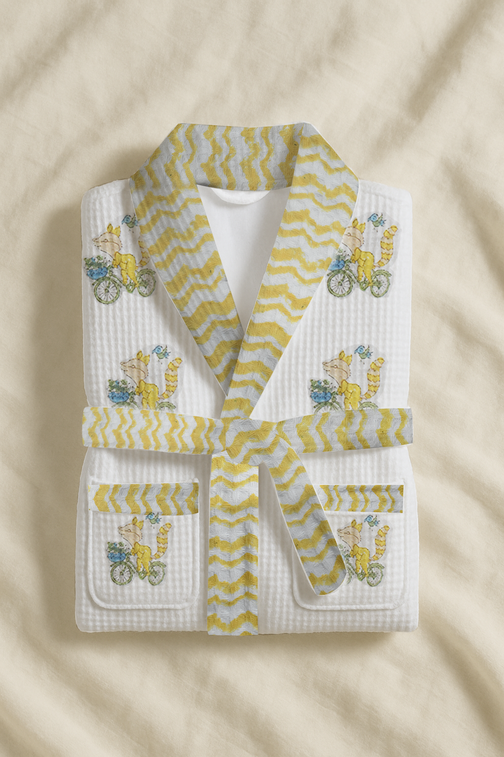 Baby Squirrel Mustard Cotton Waffle Weave Bathrobe