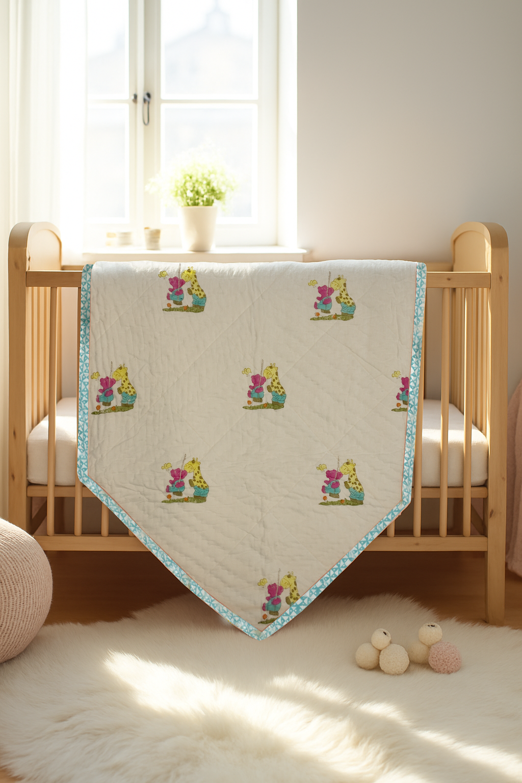 Baby Giraffe And Bear Playing Cotton Quilt