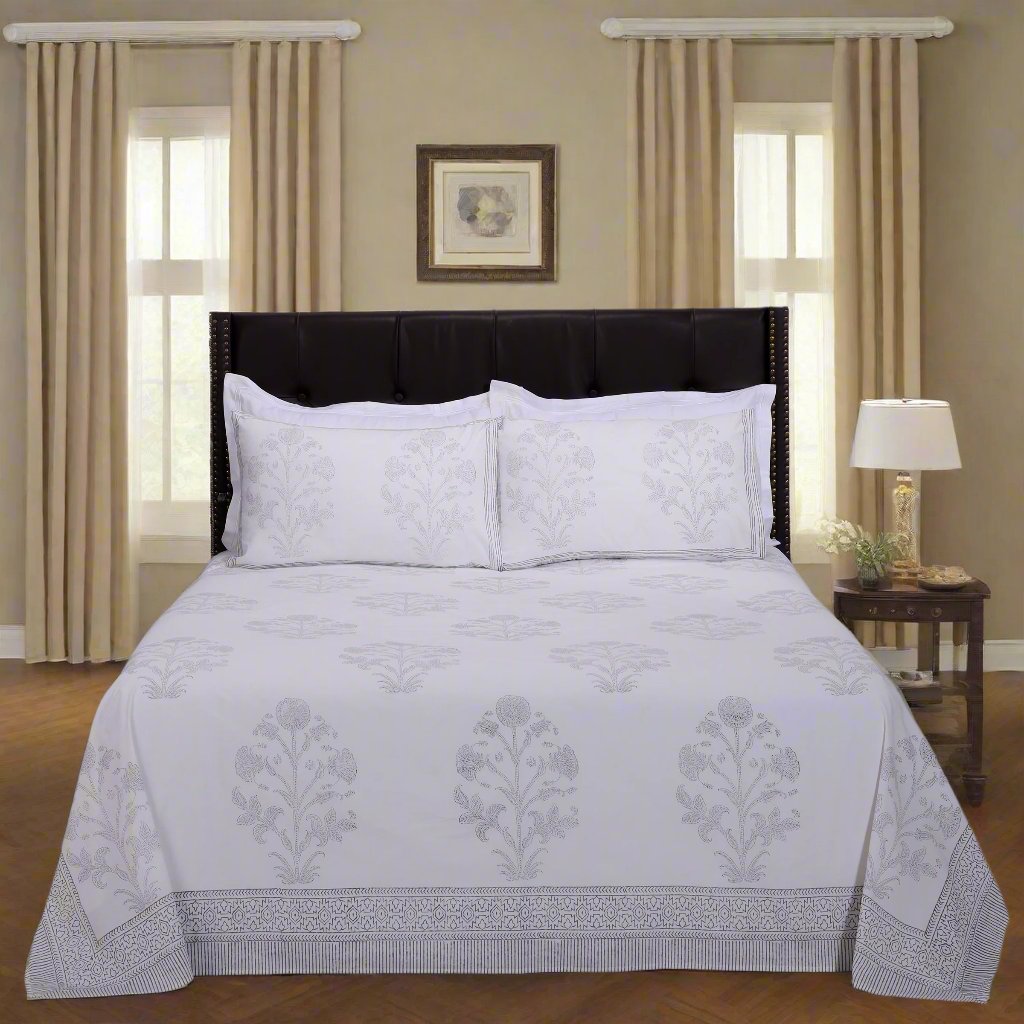 Brinda Grey Cotton Percale Bedsheet - shahenazindia