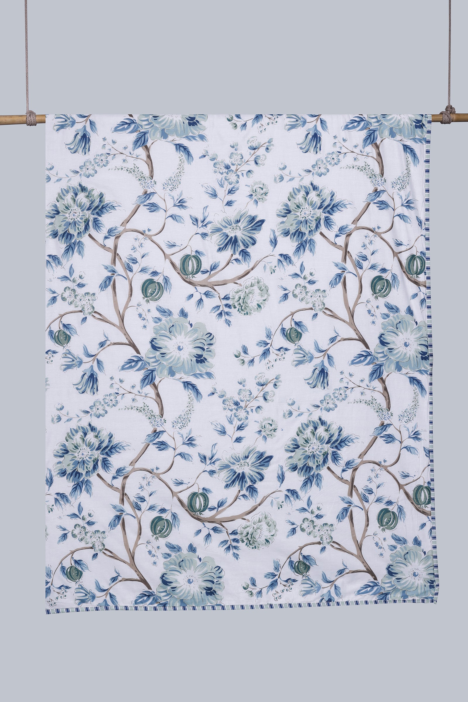 Calendula Print Blue Reversible Cotton Muslin Dohar - shahenazindia