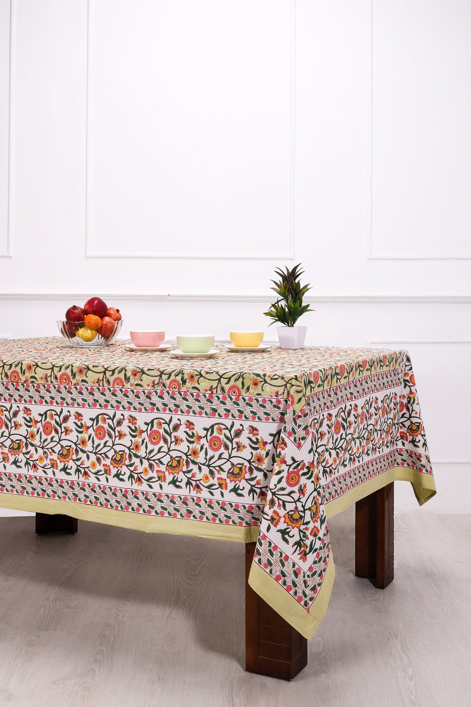 Chainika Flower Garden Block Printed Green Cotton Table Cover - shahenazindia