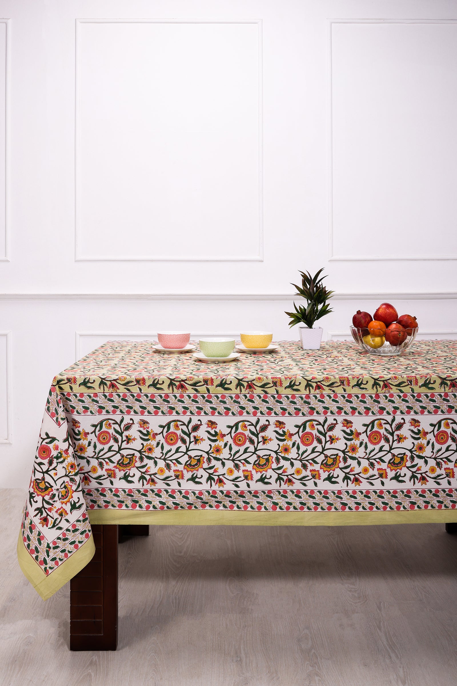 Chainika Flower Garden Block Printed Green Cotton Table Cover - shahenazindia