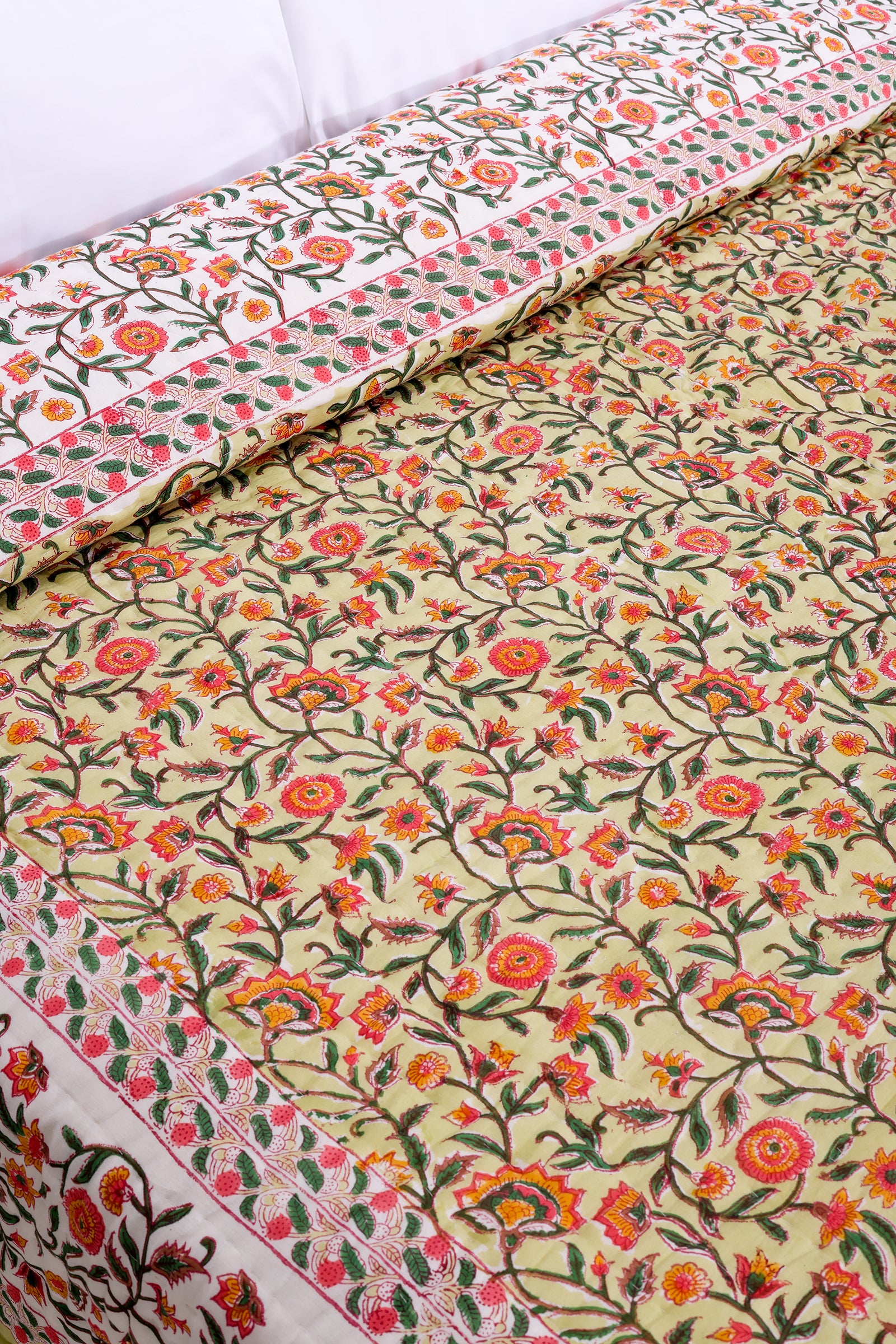 Chainika Flower Garden Hand Block Printed Green Cotton Muslin Quilt - shahenazindia