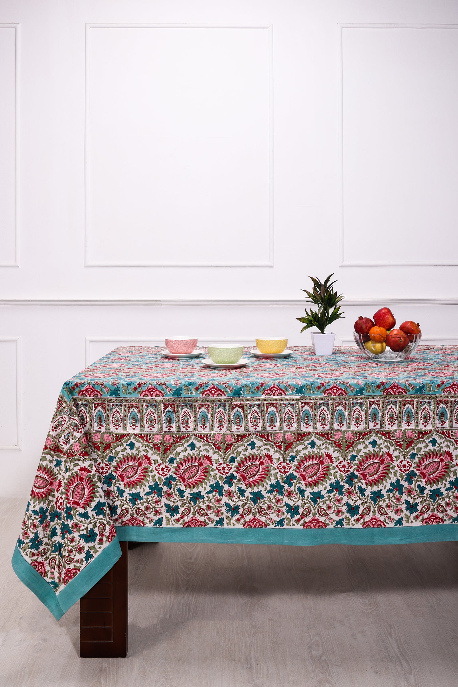 Charmine Floral Bloom Printed Turquoise Cotton Table Cover - shahenazindia