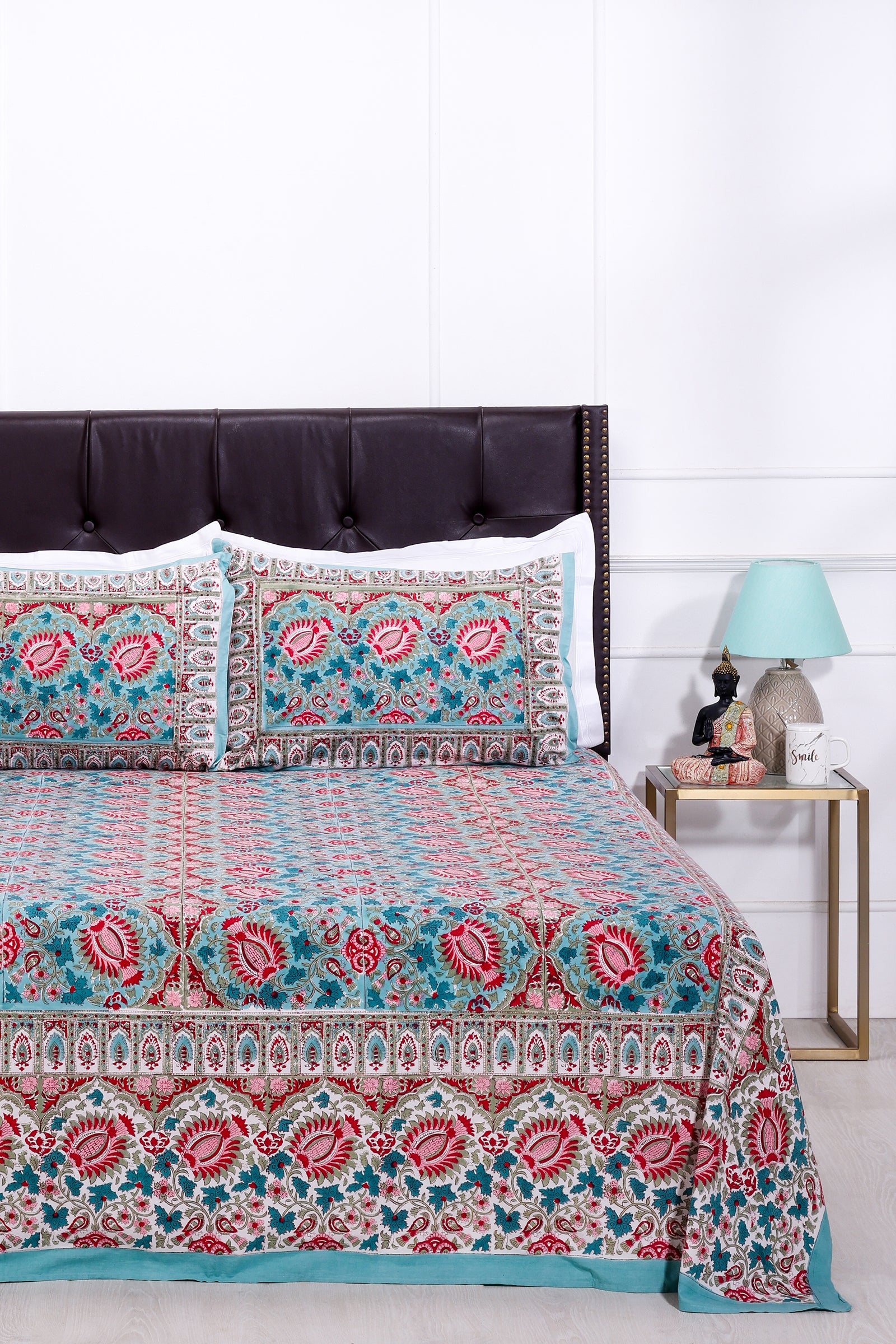 Charmine Floral Bloom Turquoise Cotton Bedsheet - shahenazindia