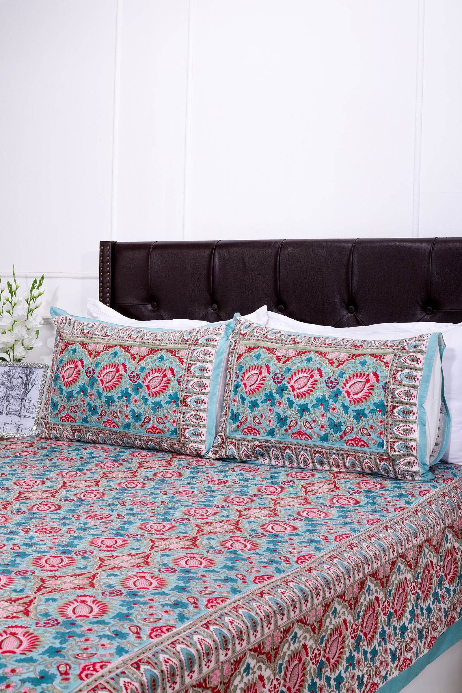 Charmine Floral Bloom Turquoise Cotton Bedsheet - shahenazindia