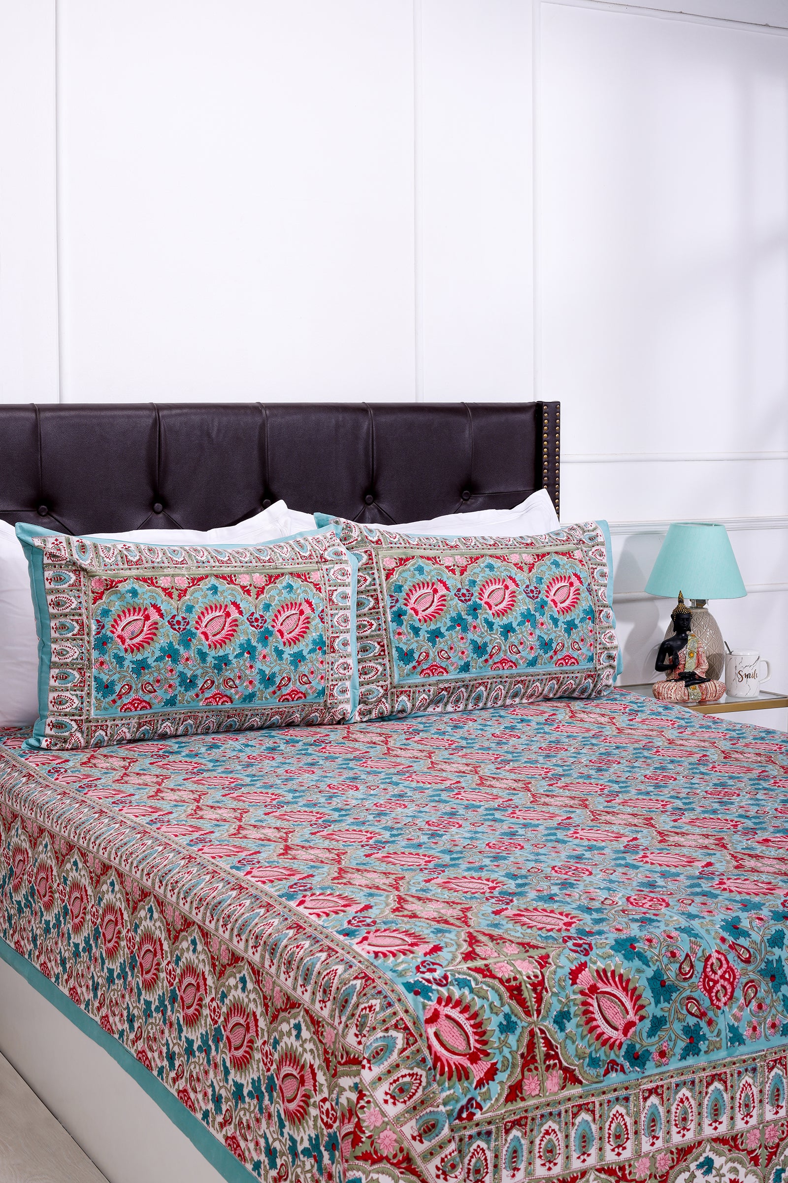 Charmine Floral Bloom Turquoise Cotton Bedsheet - shahenazindia