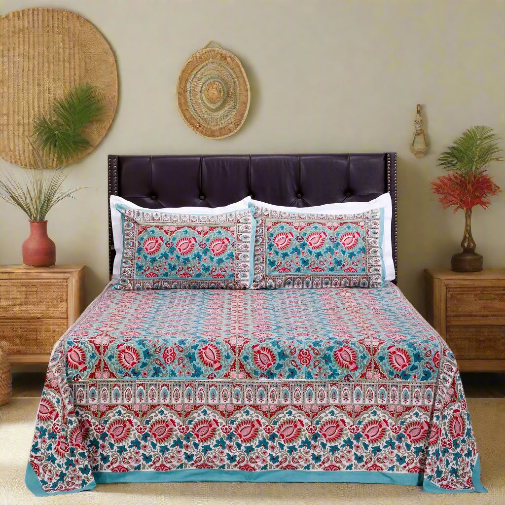 Charmine Floral Bloom Turquoise Cotton Bedsheet - shahenazindia