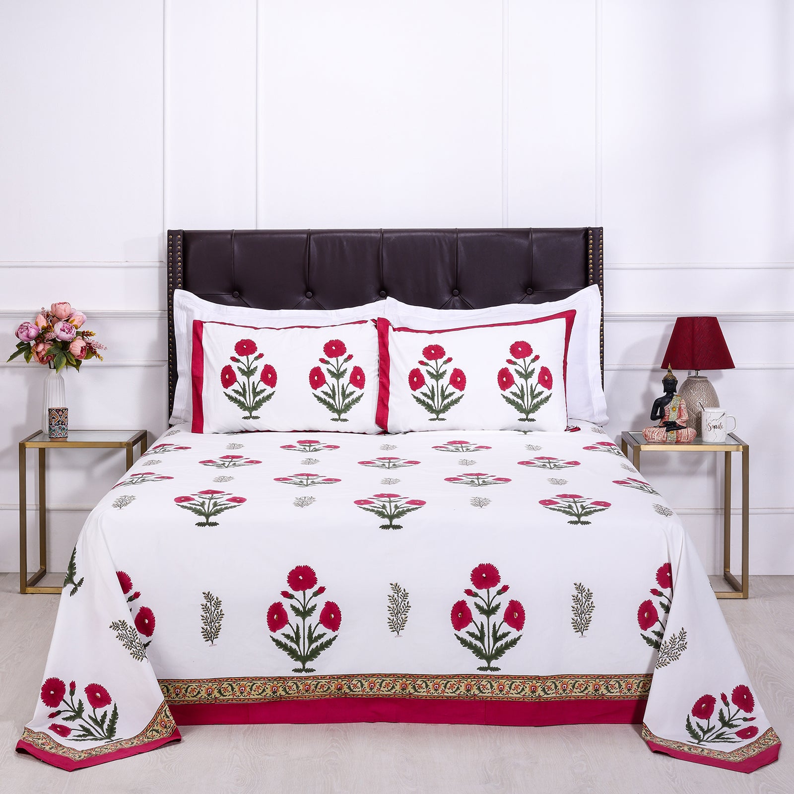 Dhatura Floral Dark Pink Cotton Percale Bedsheet - shahenazindia