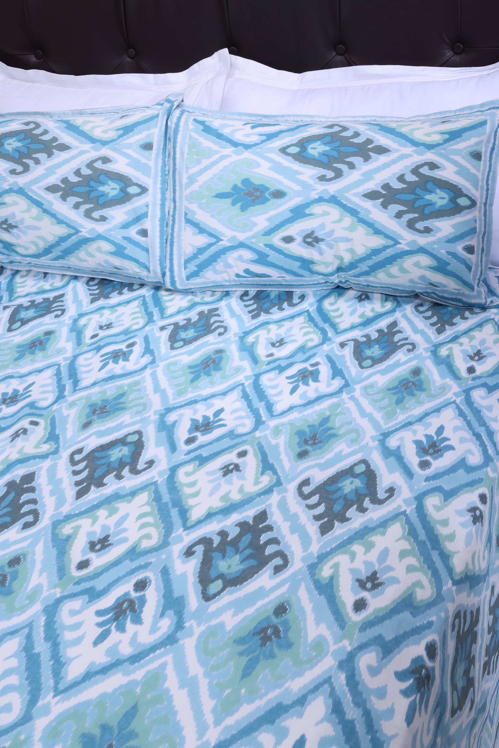 Falah Vintage Ikkat New Turquoise Cotton Bedsheet - shahenazindia