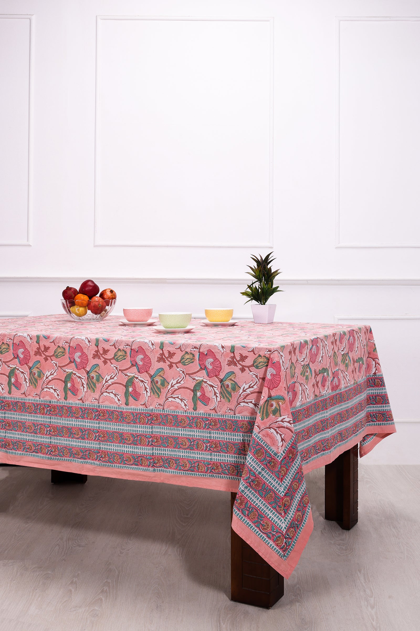 Fariza Flower Garden Block Printed Pink Cotton Table Cover - shahenazindia