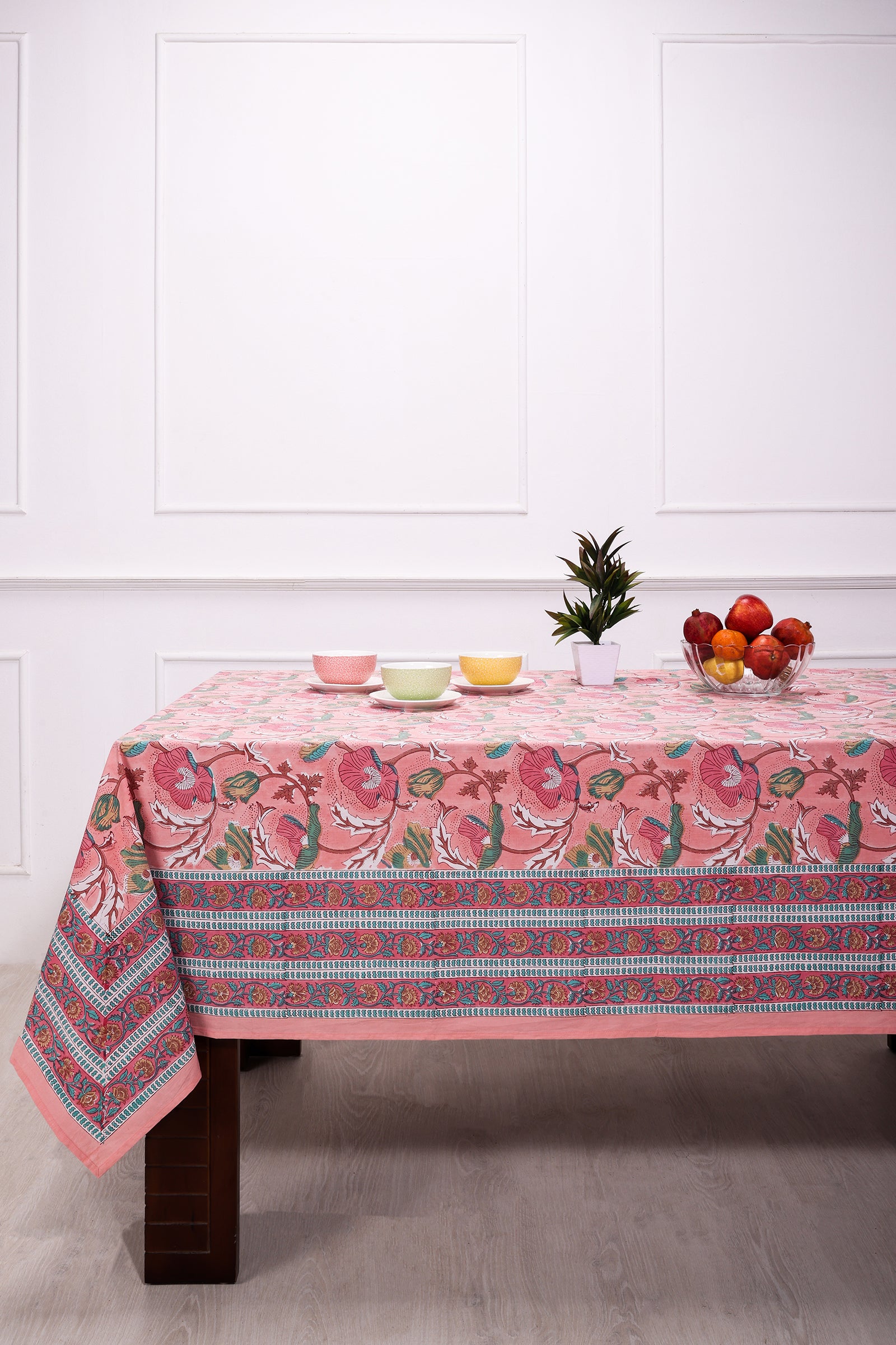 Fariza Flower Garden Block Printed Pink Cotton Table Cover - shahenazindia