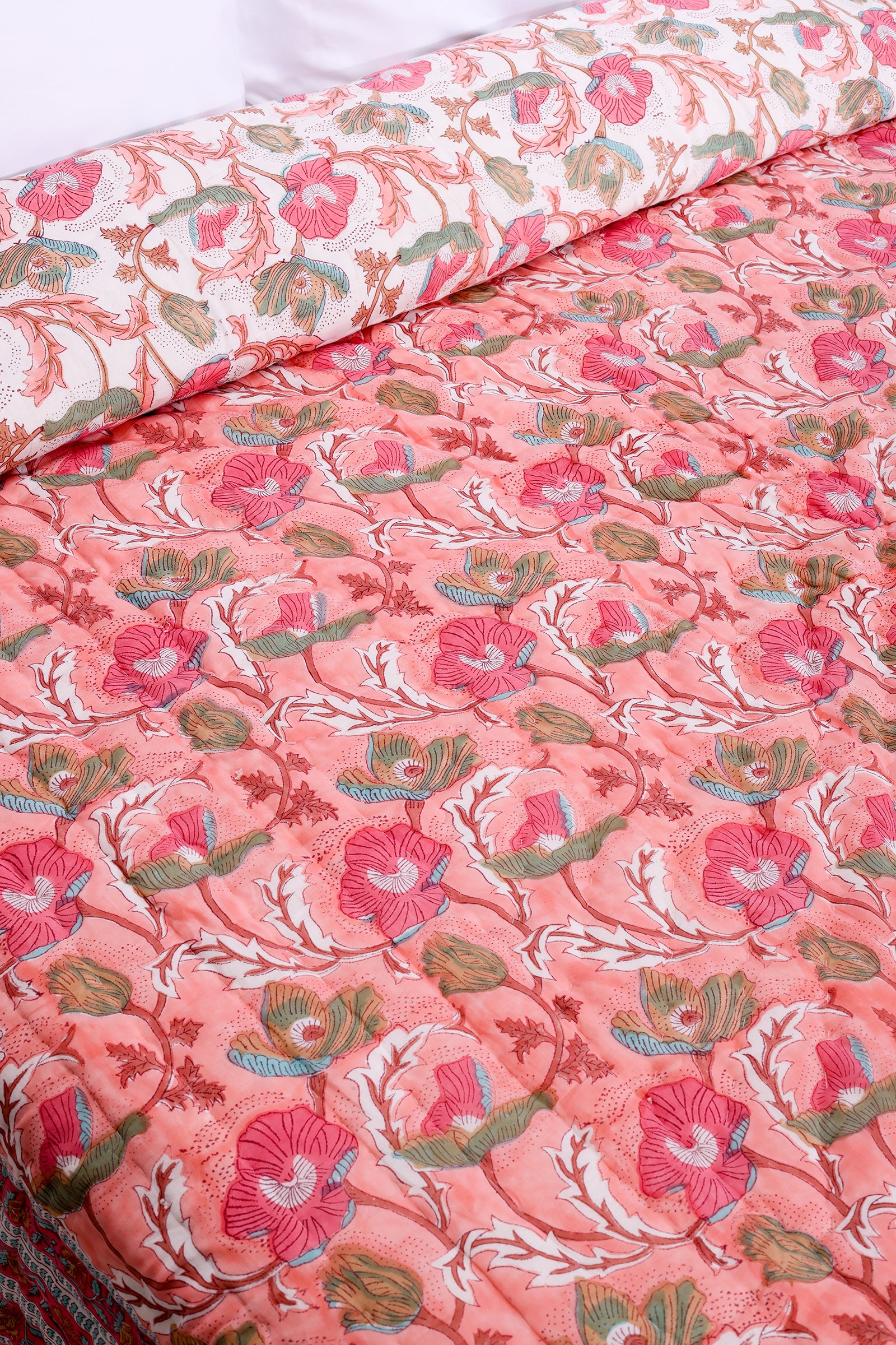 Fariza Flower Garden Hand Block Printed Pink Cotton Muslin Quilt - shahenazindia