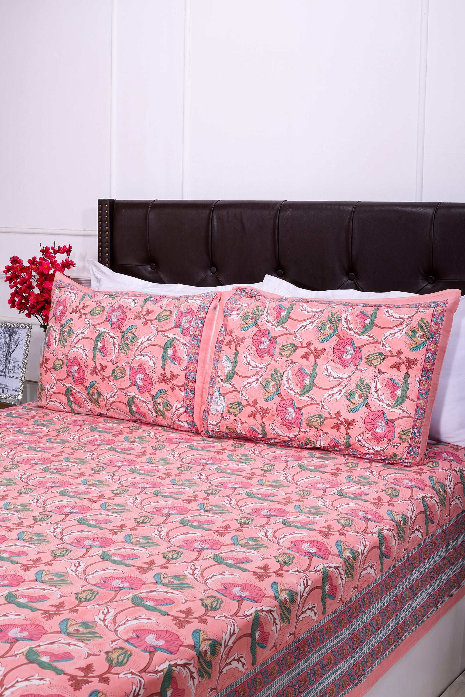 Fariza Flower Garden Pink Cotton Bedsheet - shahenazindia