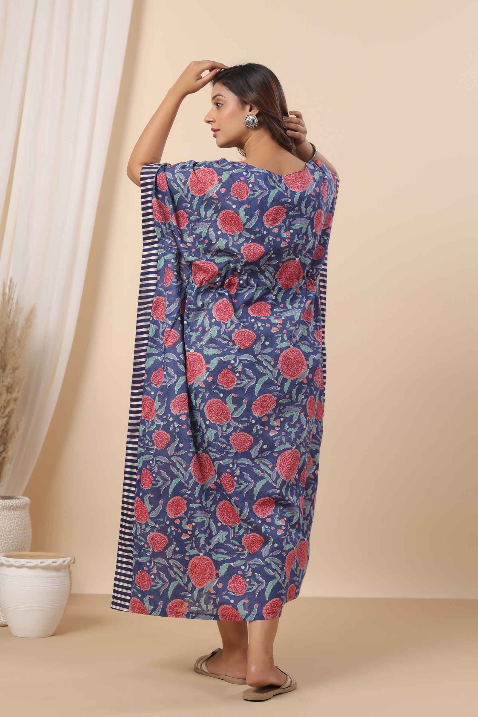 Fayra Tarini Indigo Bloom Hand Block Printed Cotton Kaftan