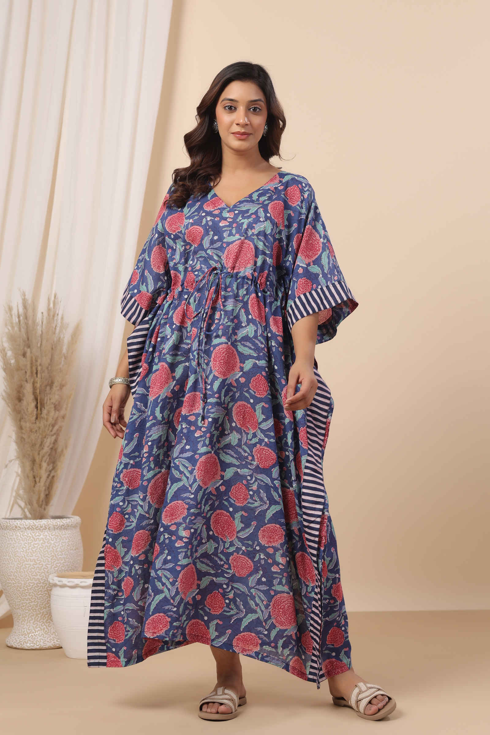 Fayra Tarini Indigo Bloom Hand Block Printed Cotton Kaftan