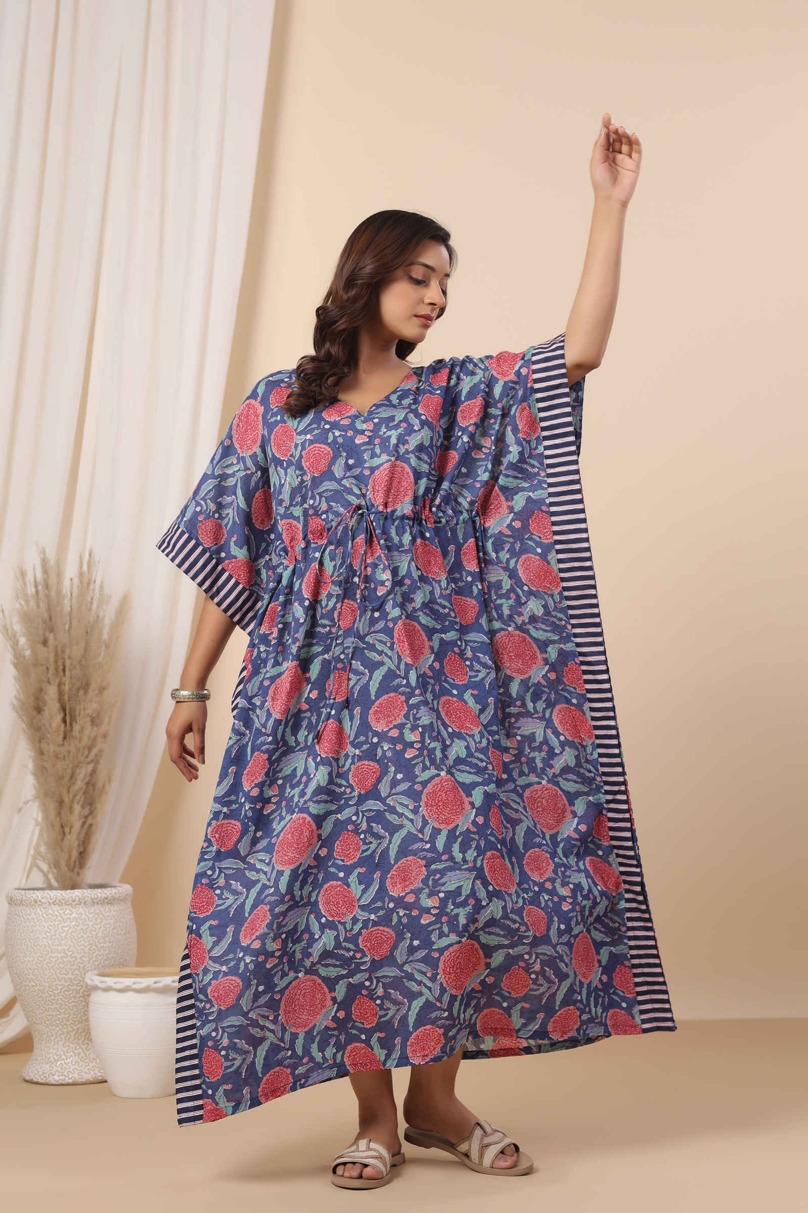 Fayra Tarini Indigo Bloom Hand Block Printed Cotton Kaftan