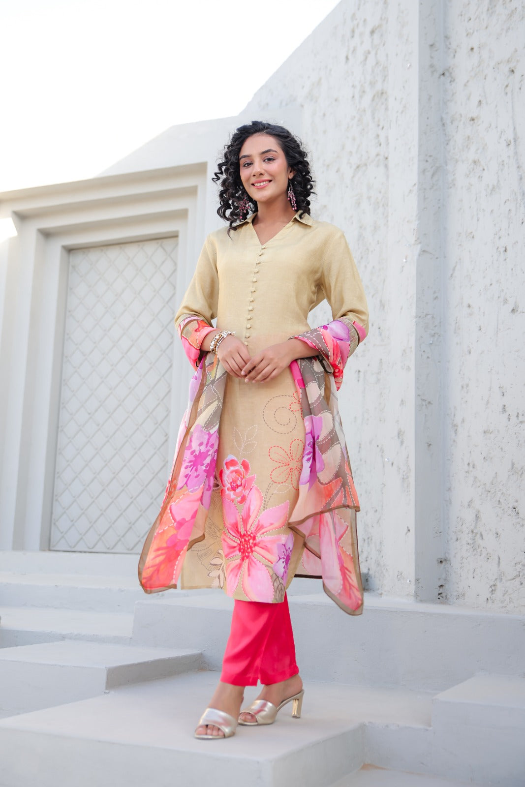 Fazlin Iris Beige Kurta Set With Dupatta