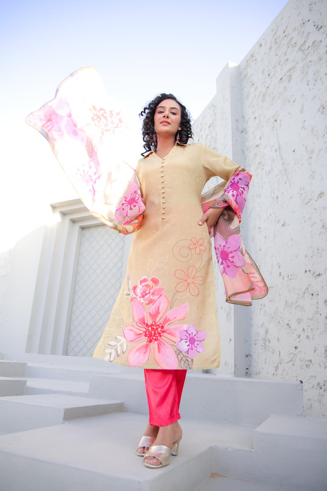 Fazlin Iris Beige Kurta Set With Dupatta