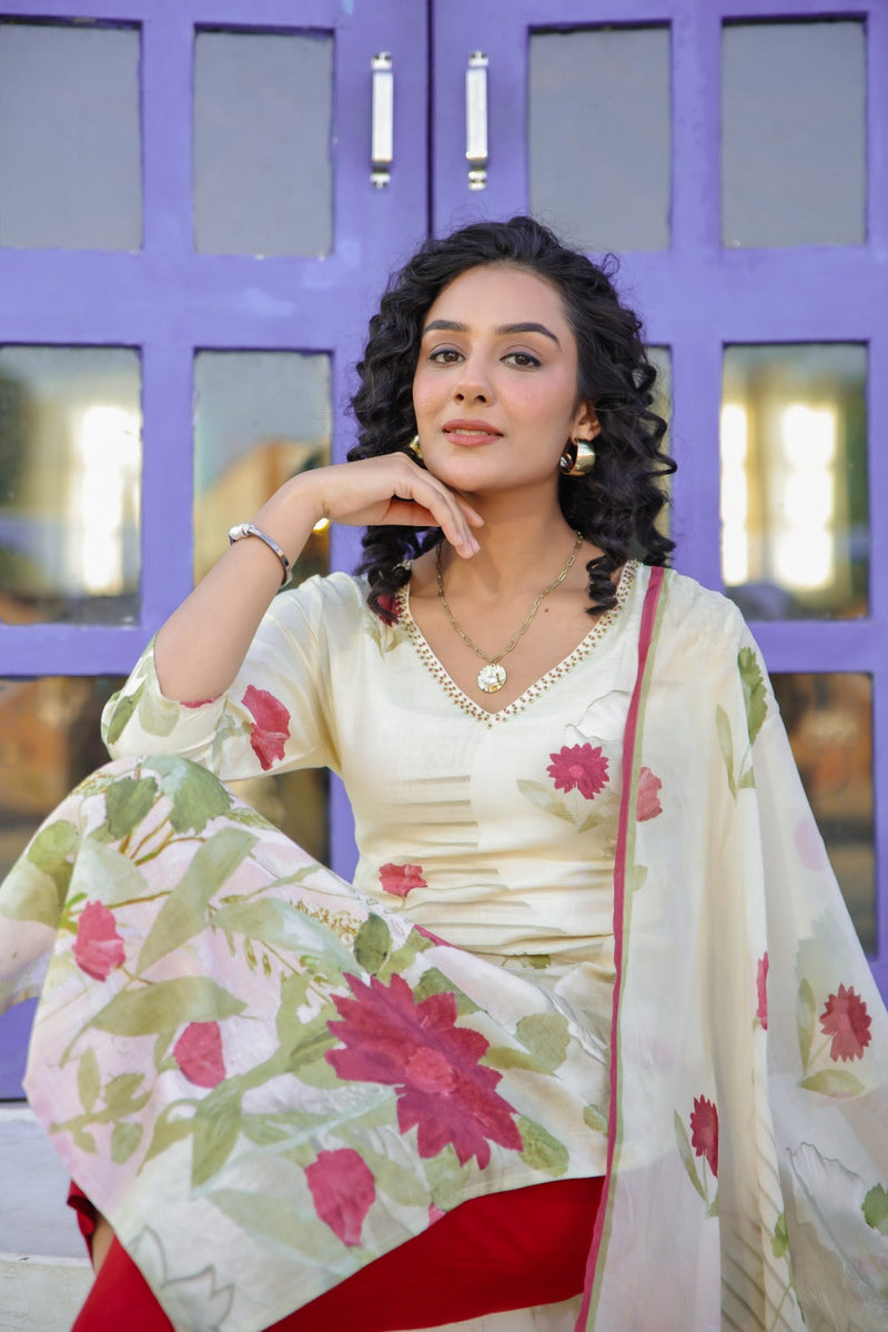 Fazlin Gul Bahar Offwhite Kurta Set With Dupatta