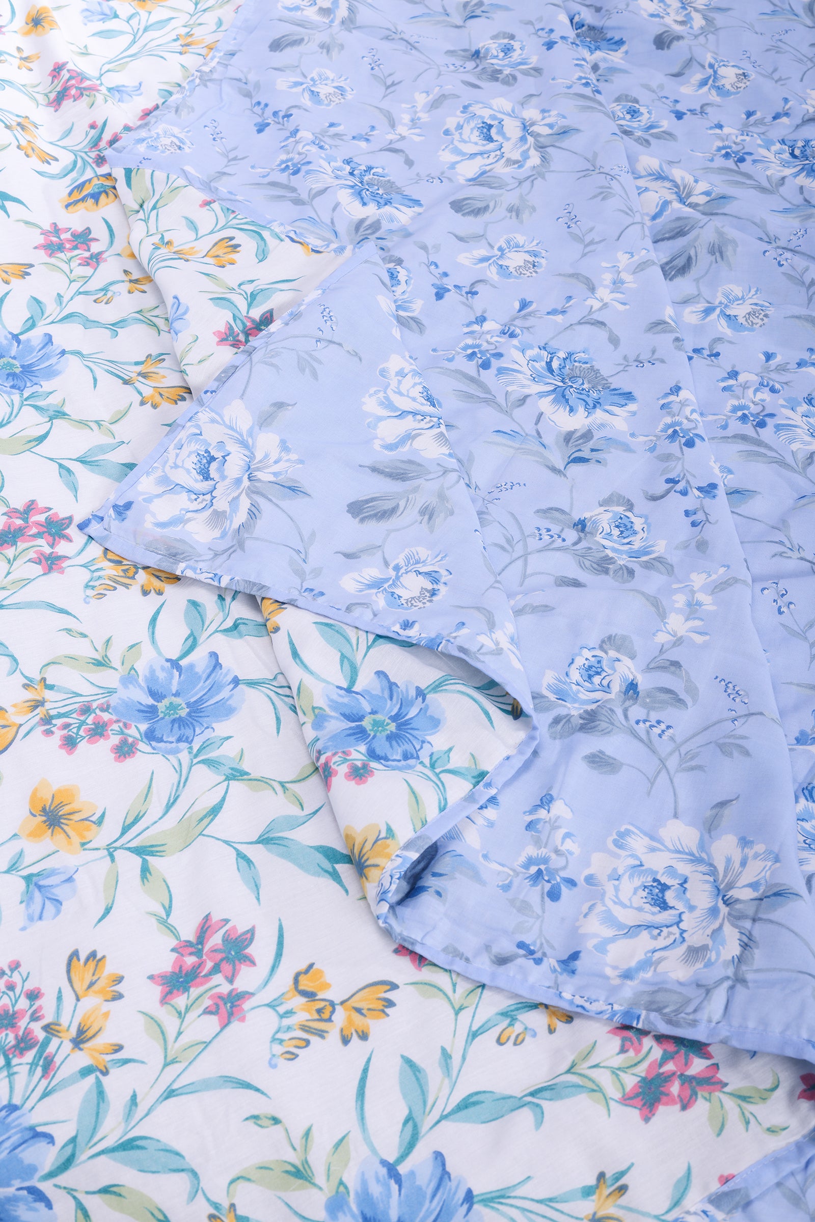 Floral Print Blue Reversible Cotton Muslin Dohar - shahenazindia