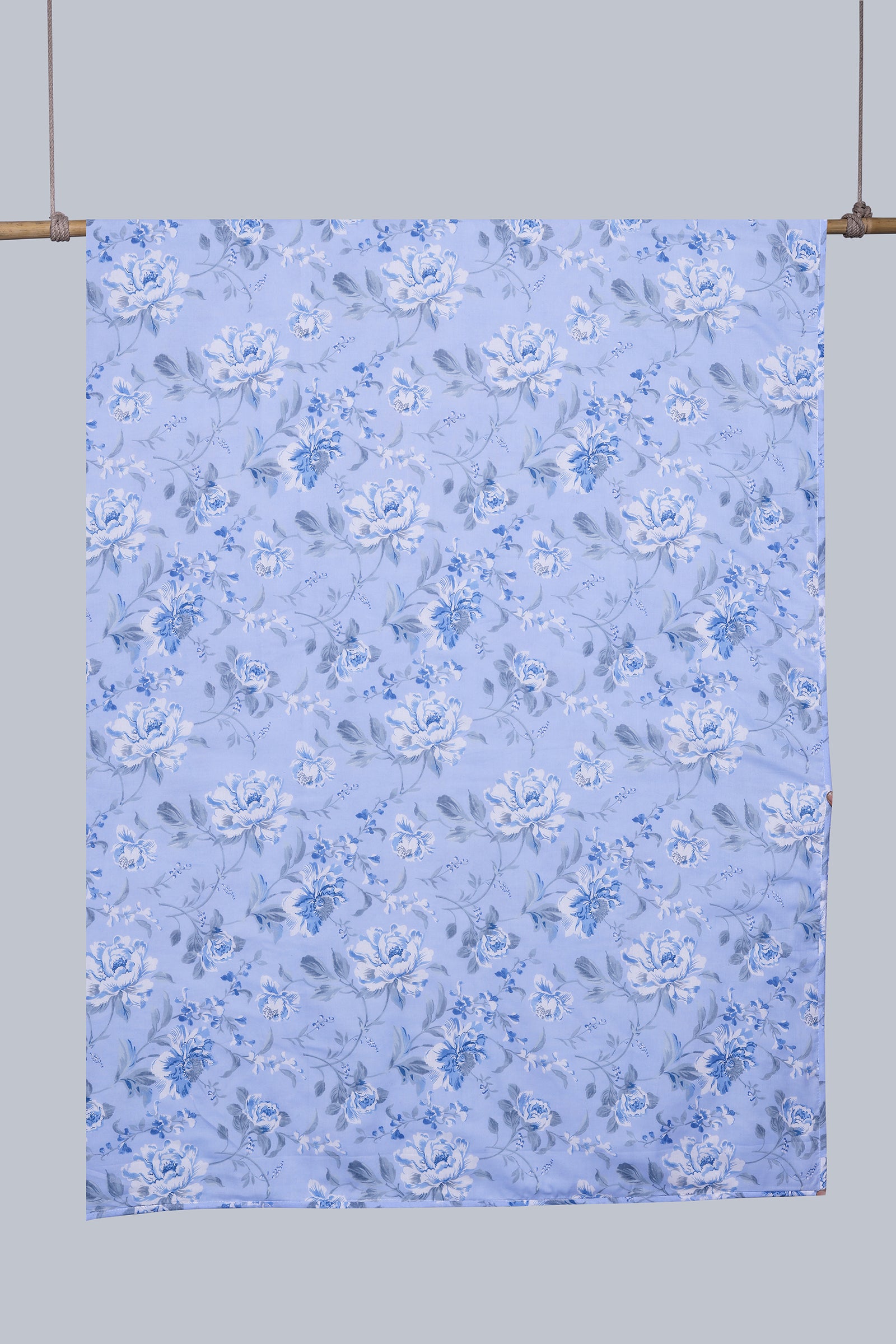 Floral Print Blue Reversible Cotton Muslin Dohar - shahenazindia