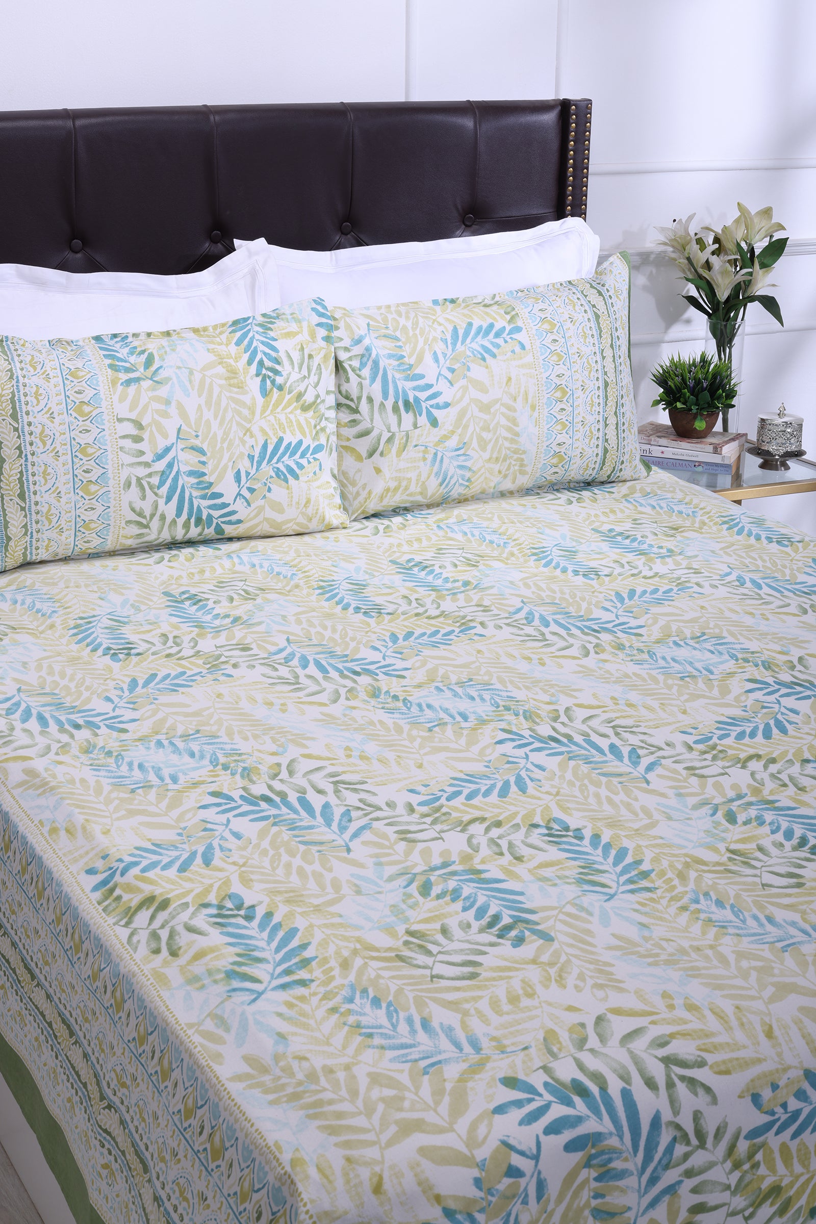 French Leaves Olive Cotton Bedsheet - shahenazindia