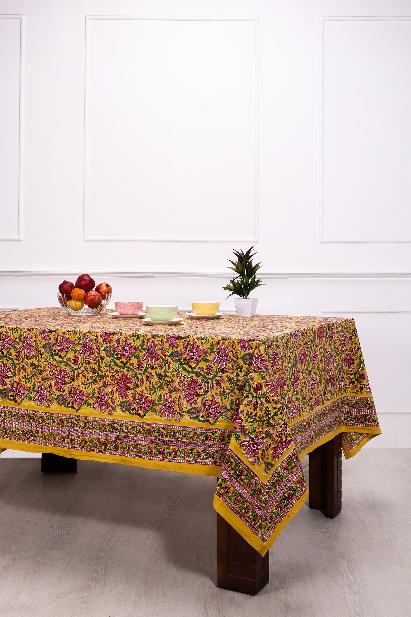 Gayatri Block Printed Mustard Cotton Table Cover - shahenazindia